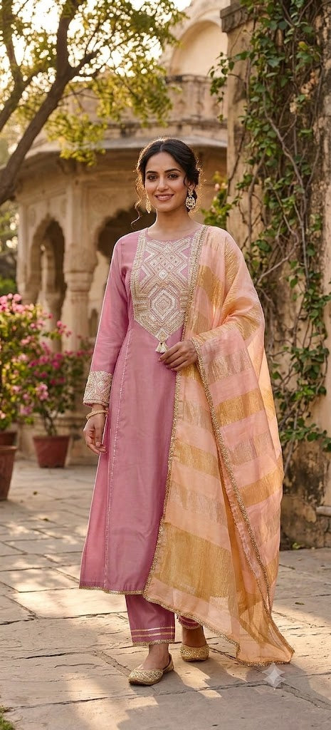Premium Zardosi Golden Abstract Embroidered Tissue Anarkali Full Suit Set With Dupatta