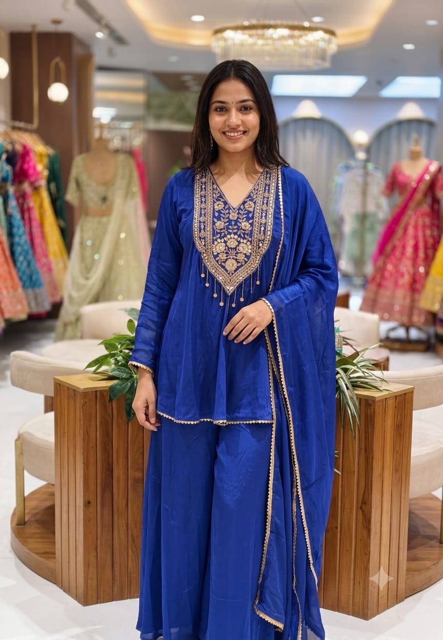 Pure Crepe Flare Embroidered Yoke Short Top Flare Palazzo Full Suit Set 16995