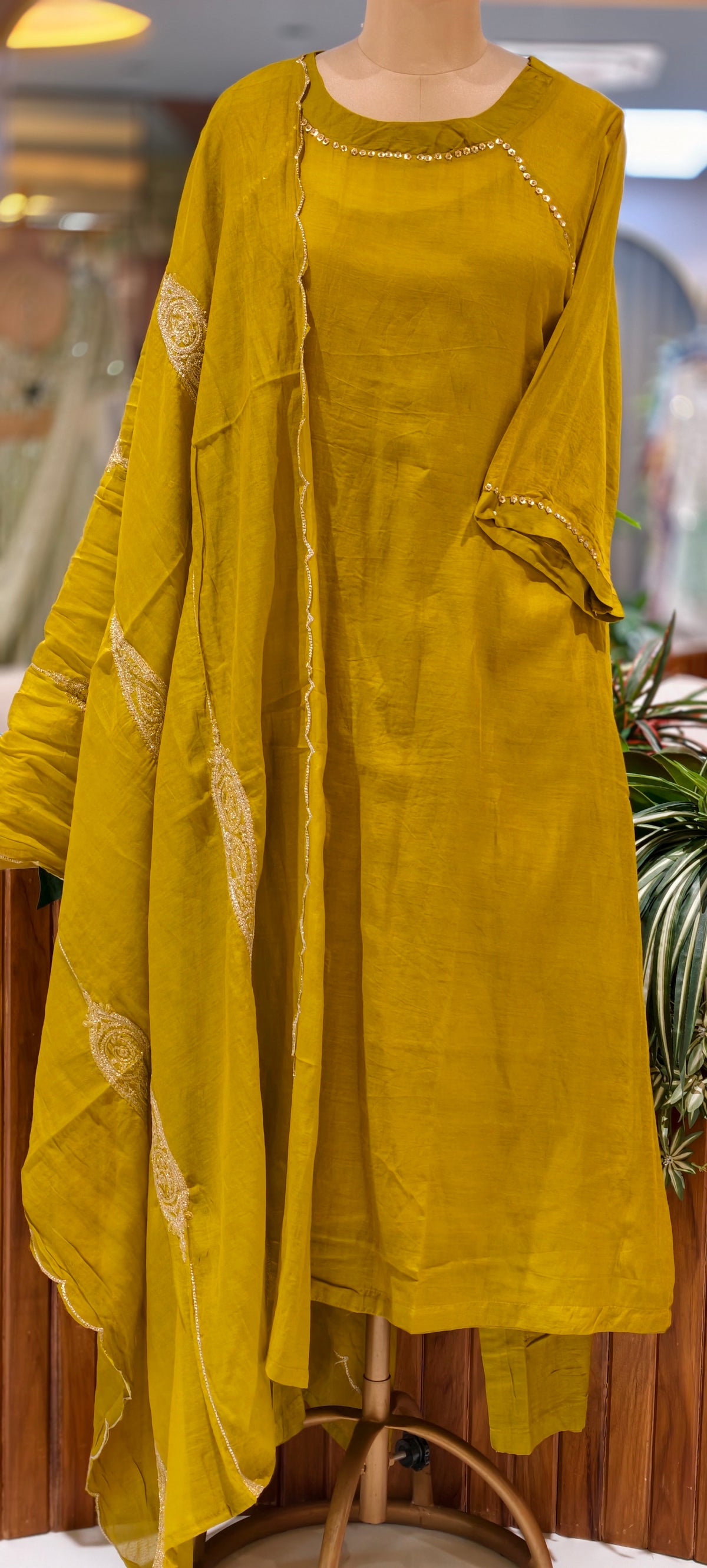Pure mulchanderi Solid Shade Aline Embroidered on Neck Full Suit Set- 16881