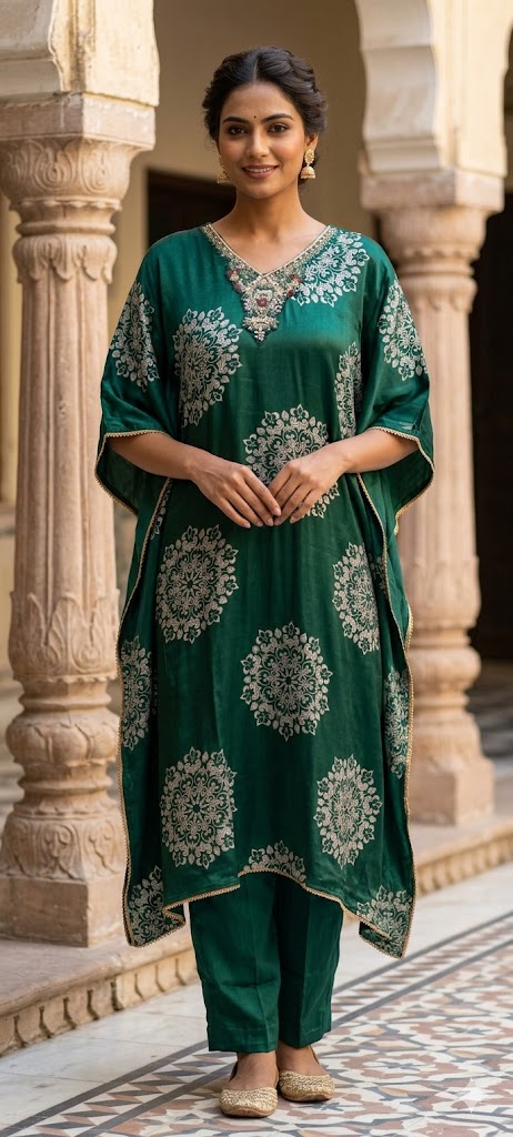 Rounded Floral Block Prints Zardosi Neckline Kaftan With Bottom In Crepe Fabric