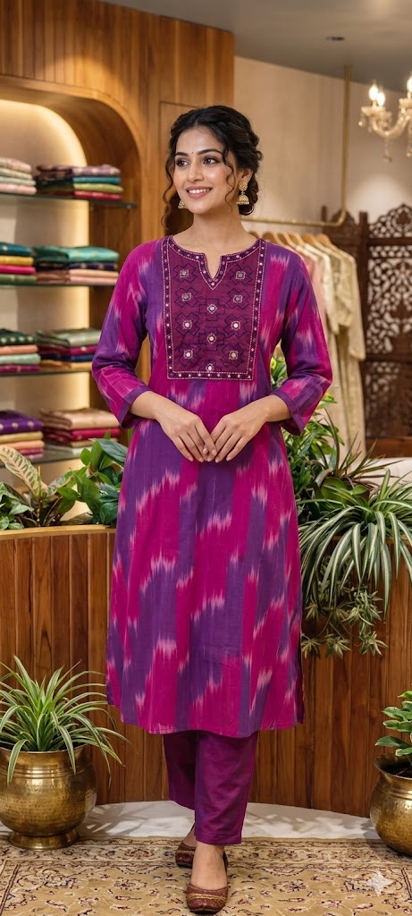 Ikkat Inspired Summer Wear Cotton Kurta Pant Set With Mirror Touch In Yoke RB111-14032