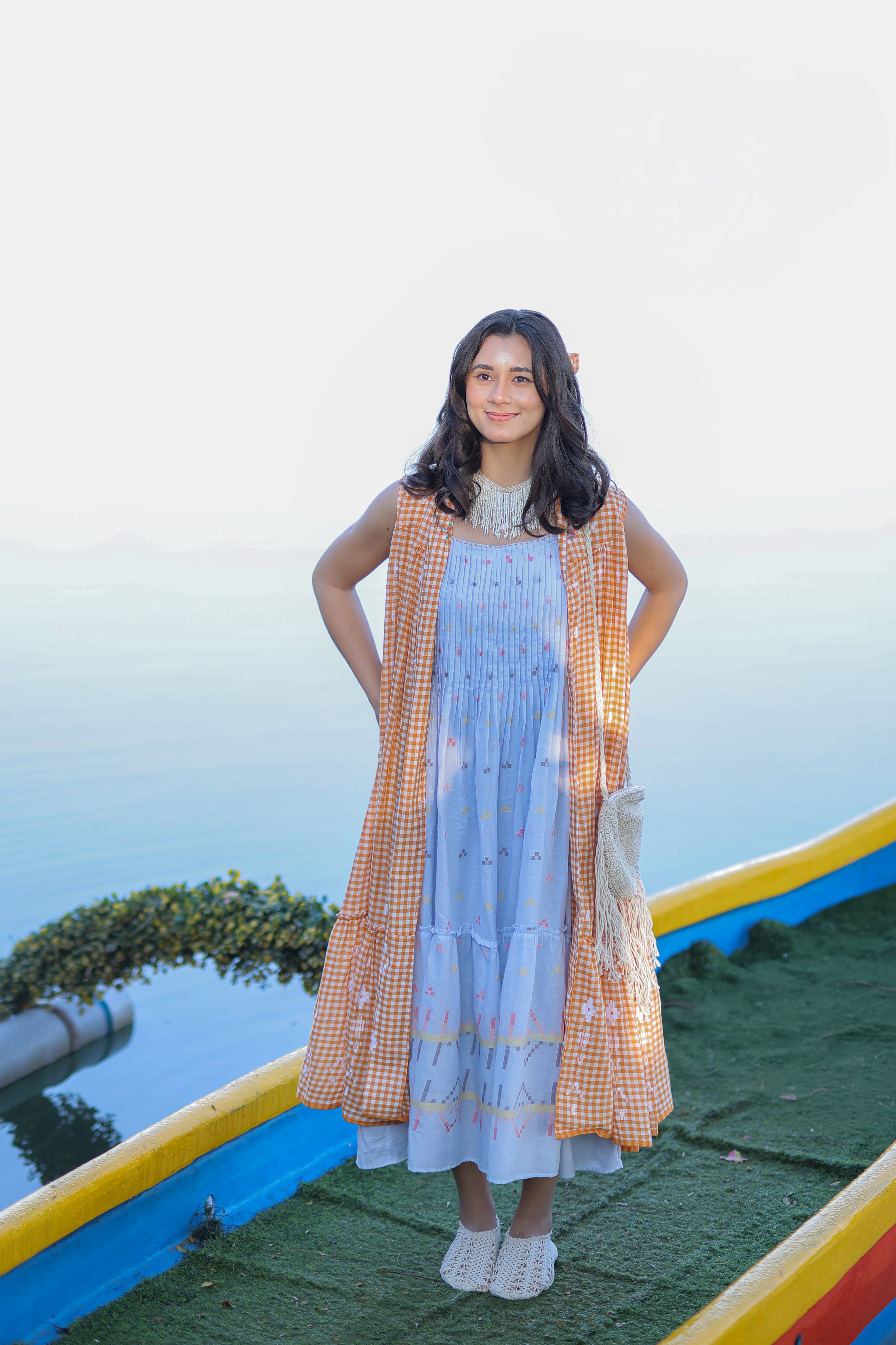 Pastel Mul Cotton Midi Dress with Multicolor Motifs & Checked Overlay Jacket separate Sleeves inside 14064 RB56