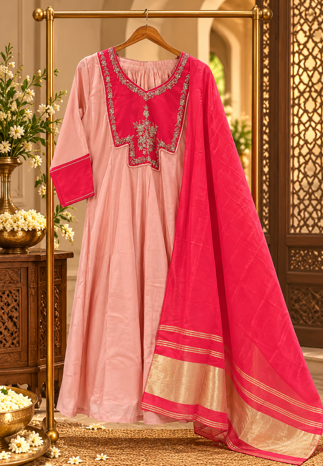 Premium Blush Pink Mulchanderi A-Line Rani Pink Contrast Dupatta with Rich Golden Zari Border Full suit set16857