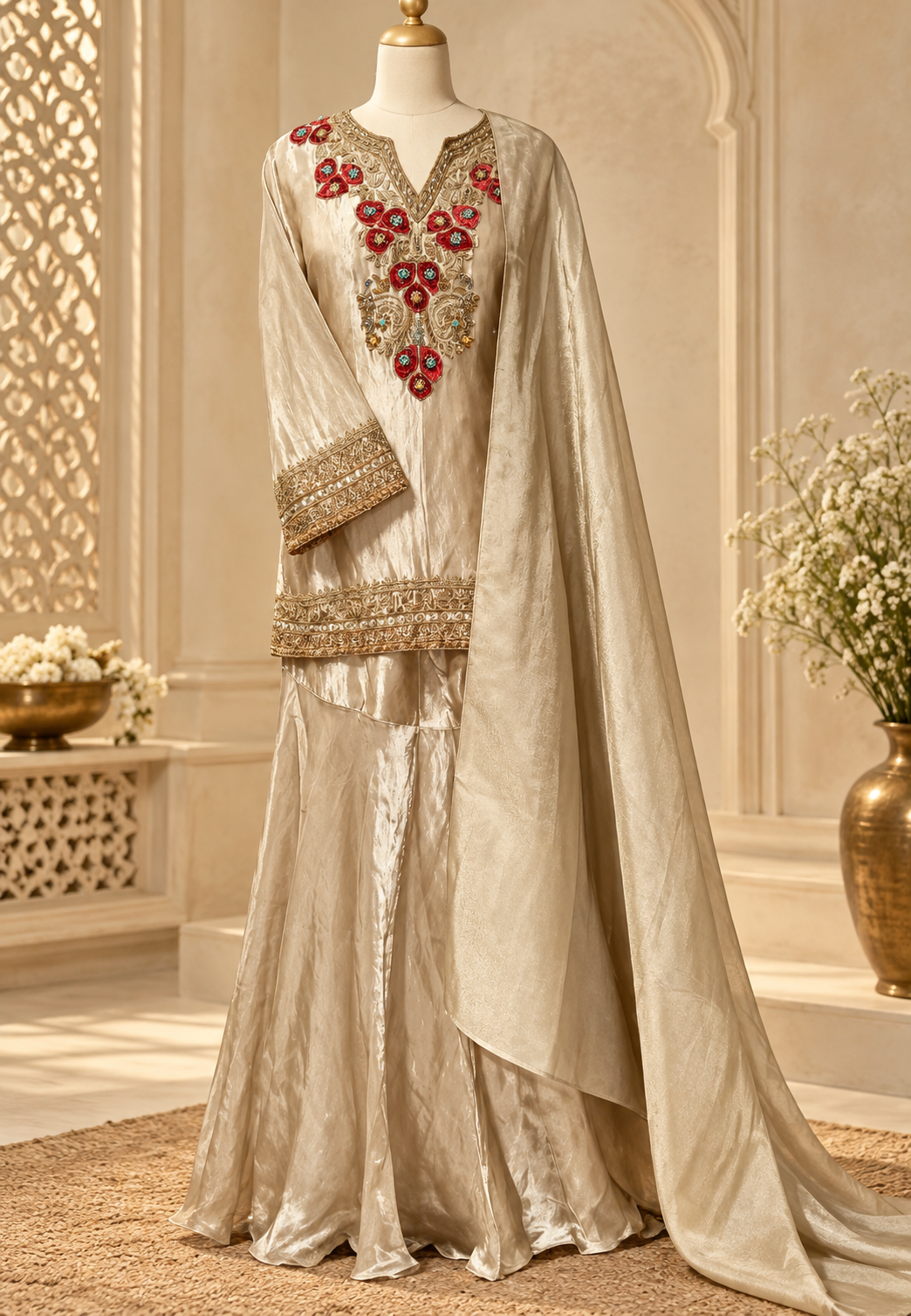 Heavy Highlighted Hand Embroidery Premium Tissue Short Length Kurta With Sharara Bottom & Matching Dupatta- 16253