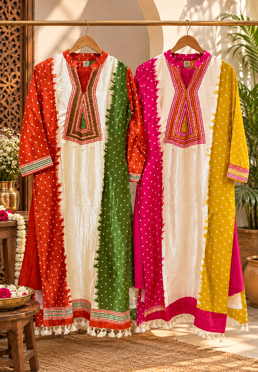 Premium Bandhani Printed Kurta Pant Set with Intricate Geometric Embroidered Yoke,Traditional Ethnic Detailing-16684