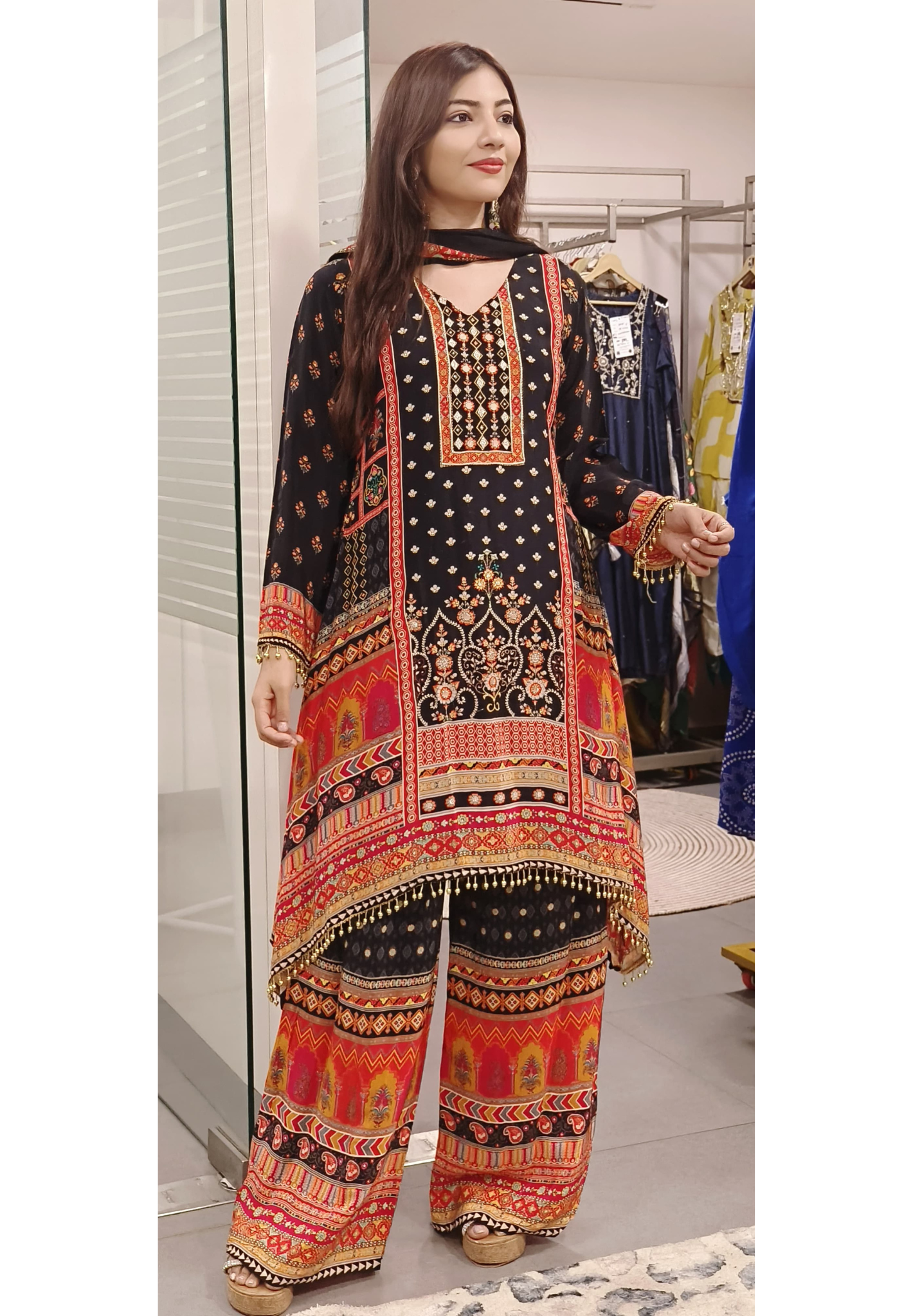 Black Pure Crape Zardosi & Real Mirror Work Suit Set with Flowy Palazzo Pants