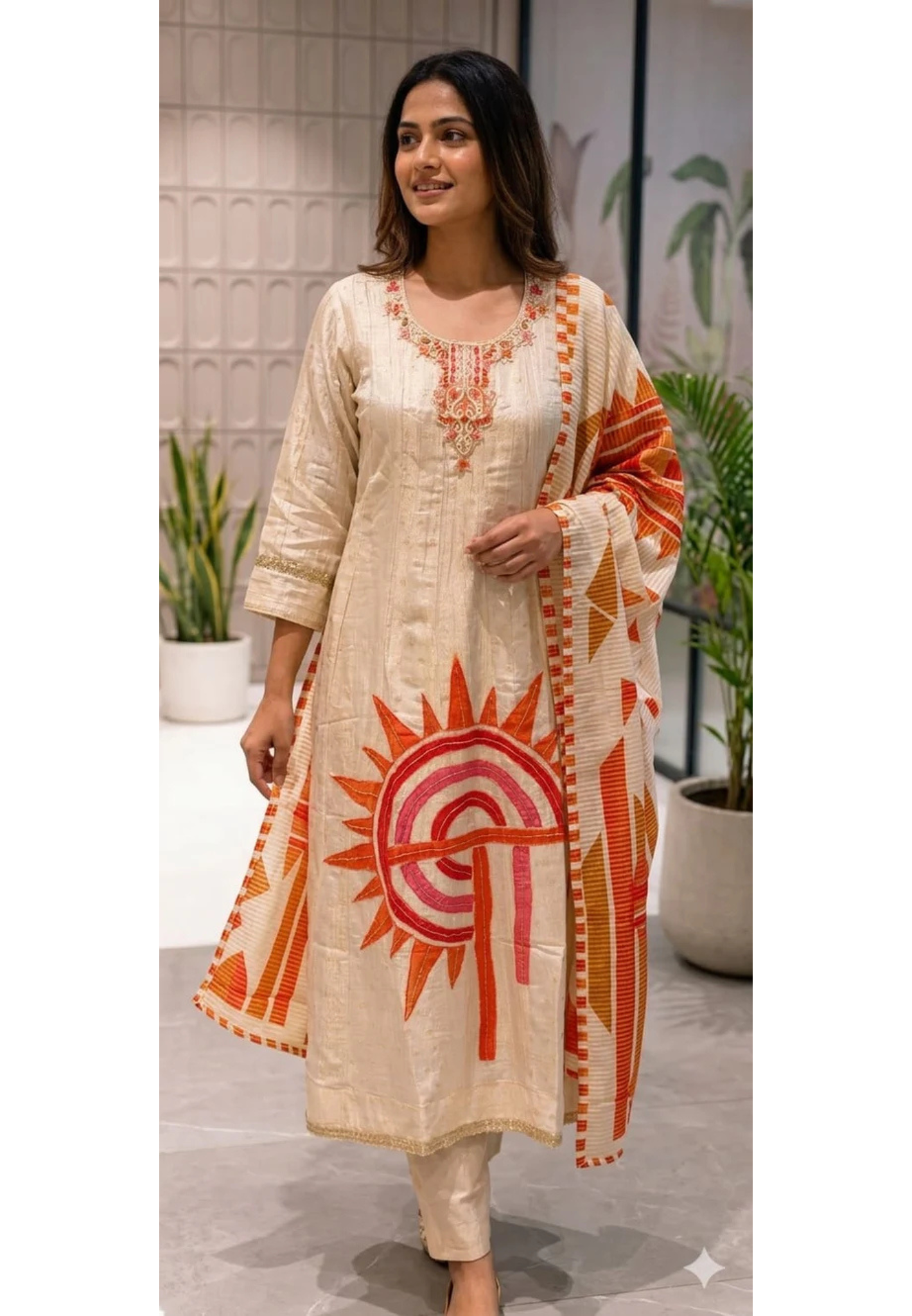 Premium Cotton Silk A-Line Kurta Set with Artistic Sun Motif Embroidery & Designer Printed Dupatta-RB40