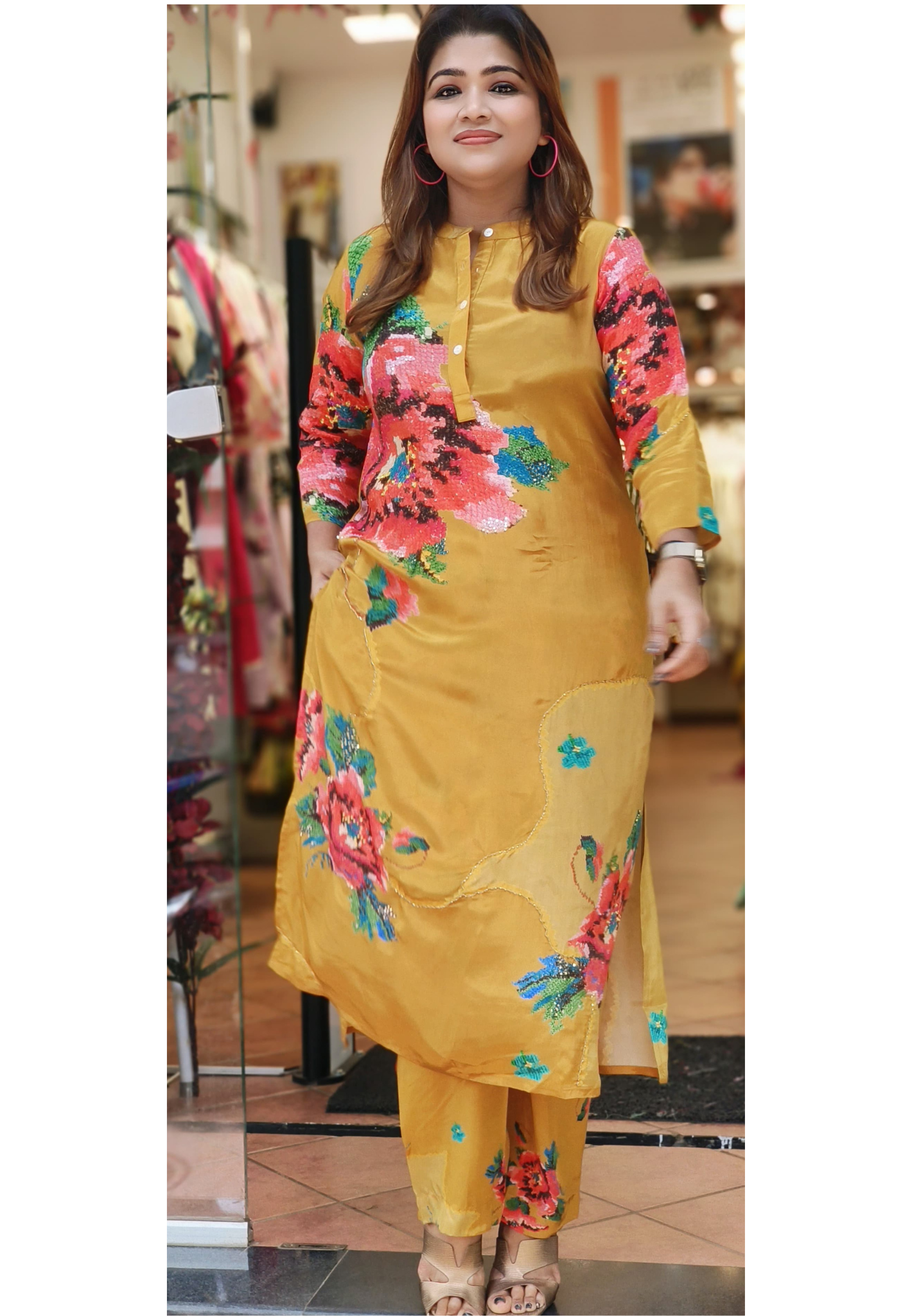 Manderian Collar Beautiful Crape floral printed neck kurta pant set of-2 DRY WASH- 5916
