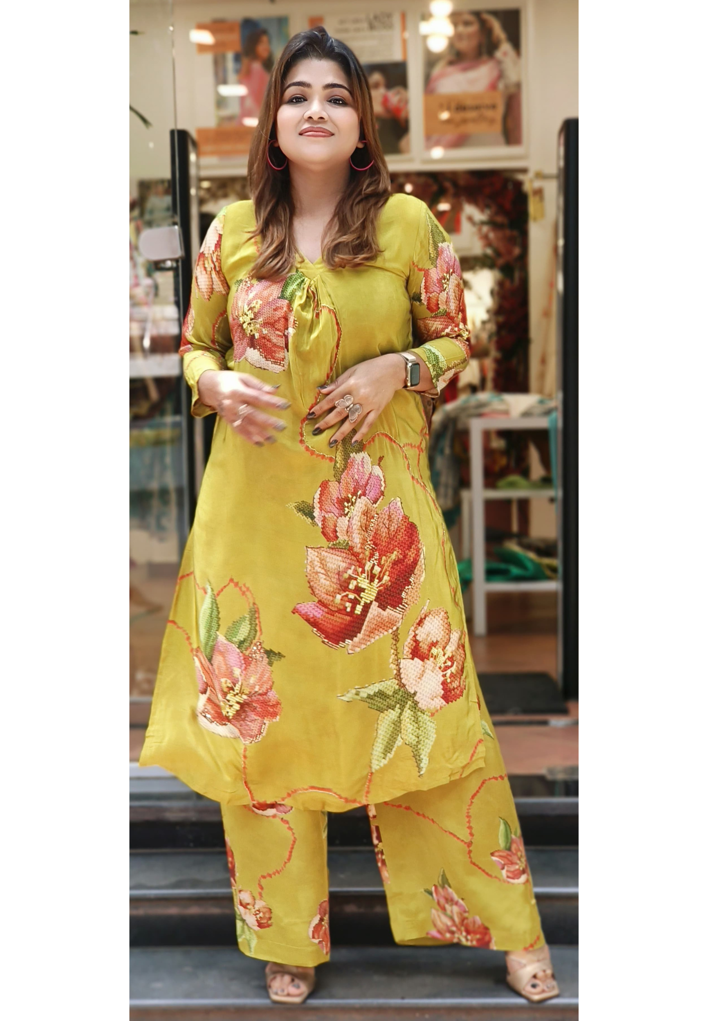 Floral printed Crape V-neck kurta pant set of-2 DRY WASH-0
