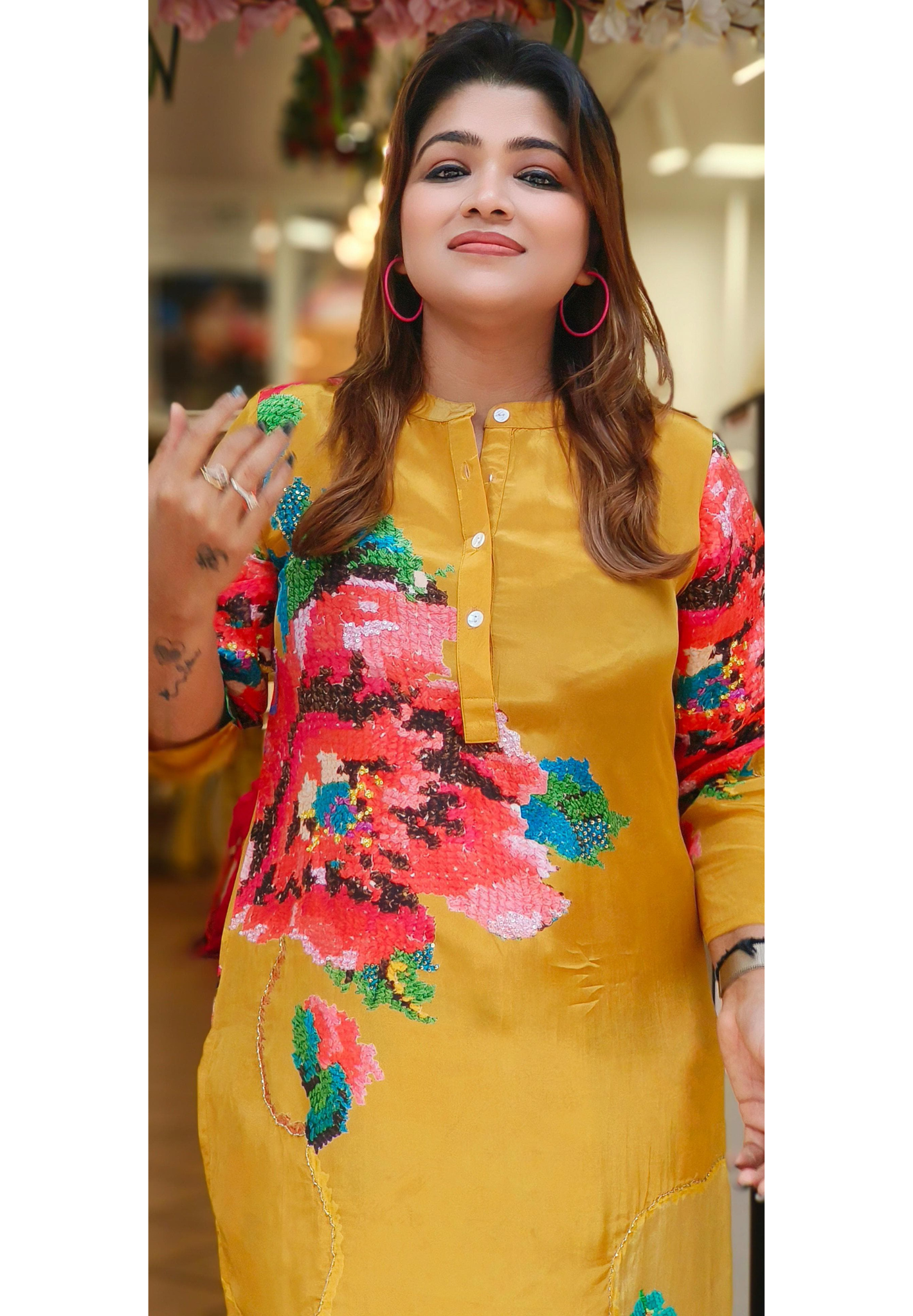 Manderian Collar Beautiful Crape floral printed neck kurta pant set of-2 DRY WASH- 5916