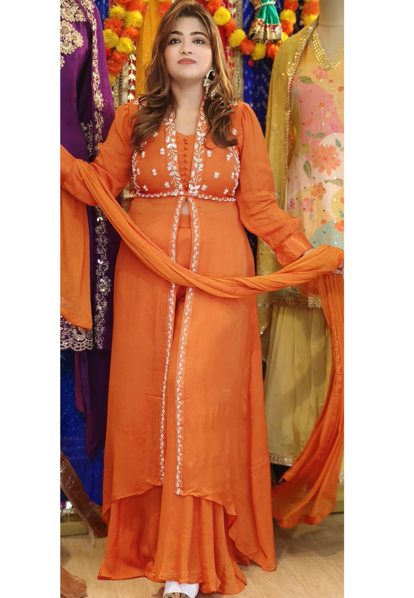 Stylish Party Wear Cut dana embroidery front slit Chinon Full suit With palazzo and dupatta DRY WASH -06577