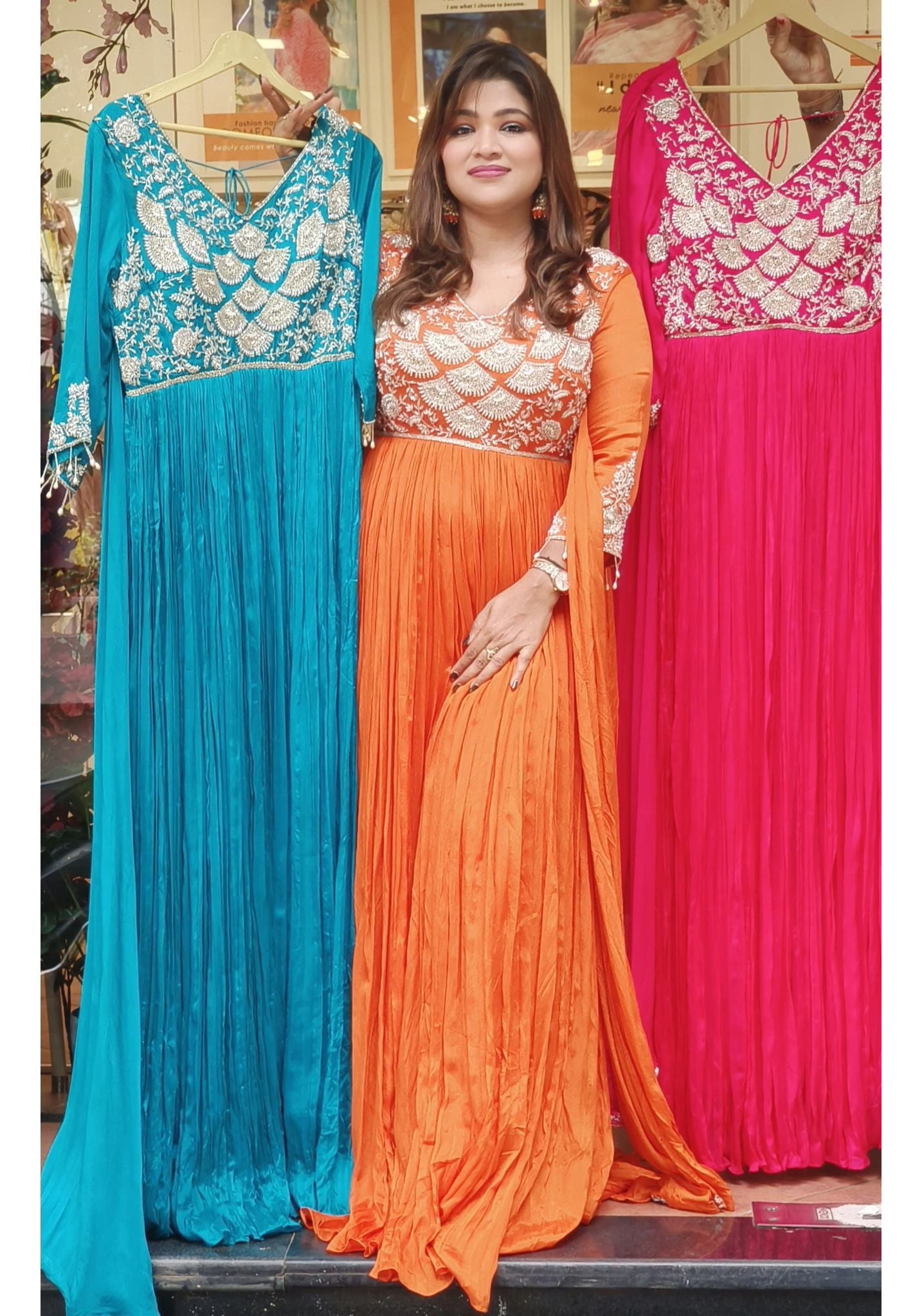 Elegant Chinon Maxi Dress with Intricate Embroidery