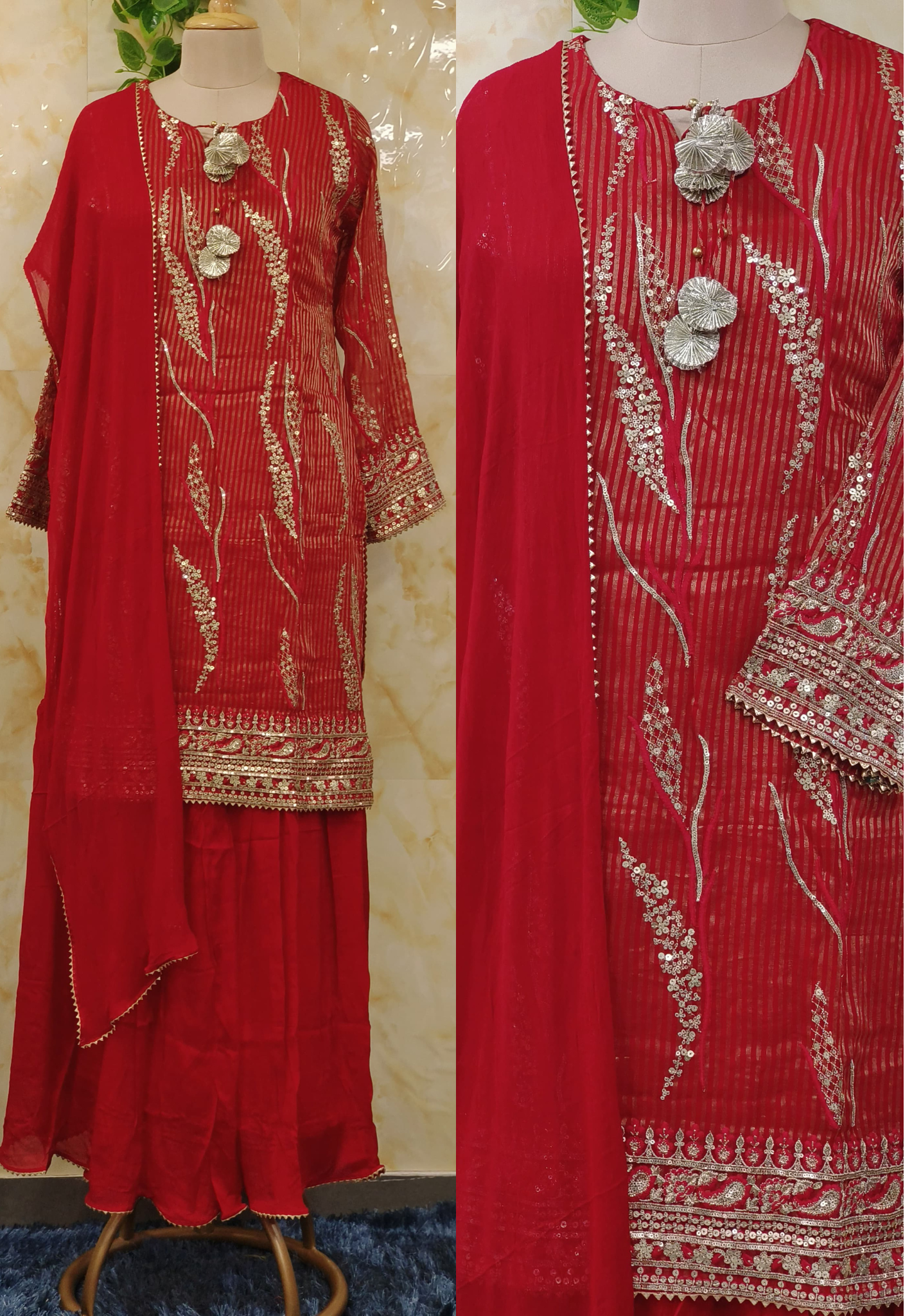 Shimmer Crush Tissue Stylish party wear embroidered top with chinon palazzo (set of 2) DRYWASH