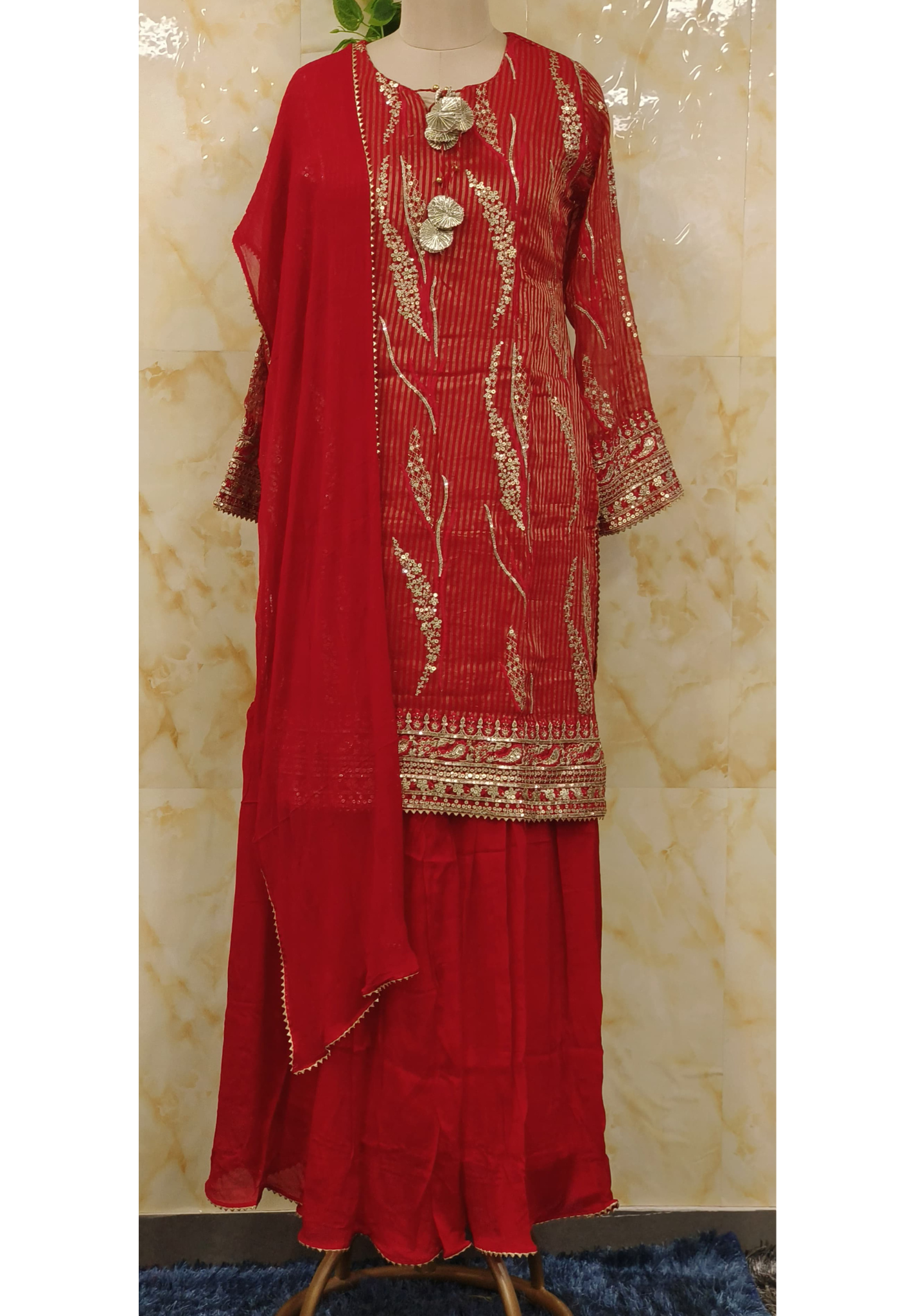 Shimmer Crush Tissue Stylish party wear embroidered top with chinon palazzo (set of 2) DRYWASH