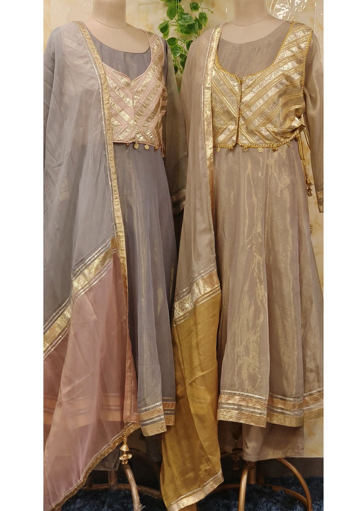 Geometric Shimmer Tissue Zari Embroidered Anarkali Set with Contrast Dupatta - Grey & Blush Pink/Gold -07366-67