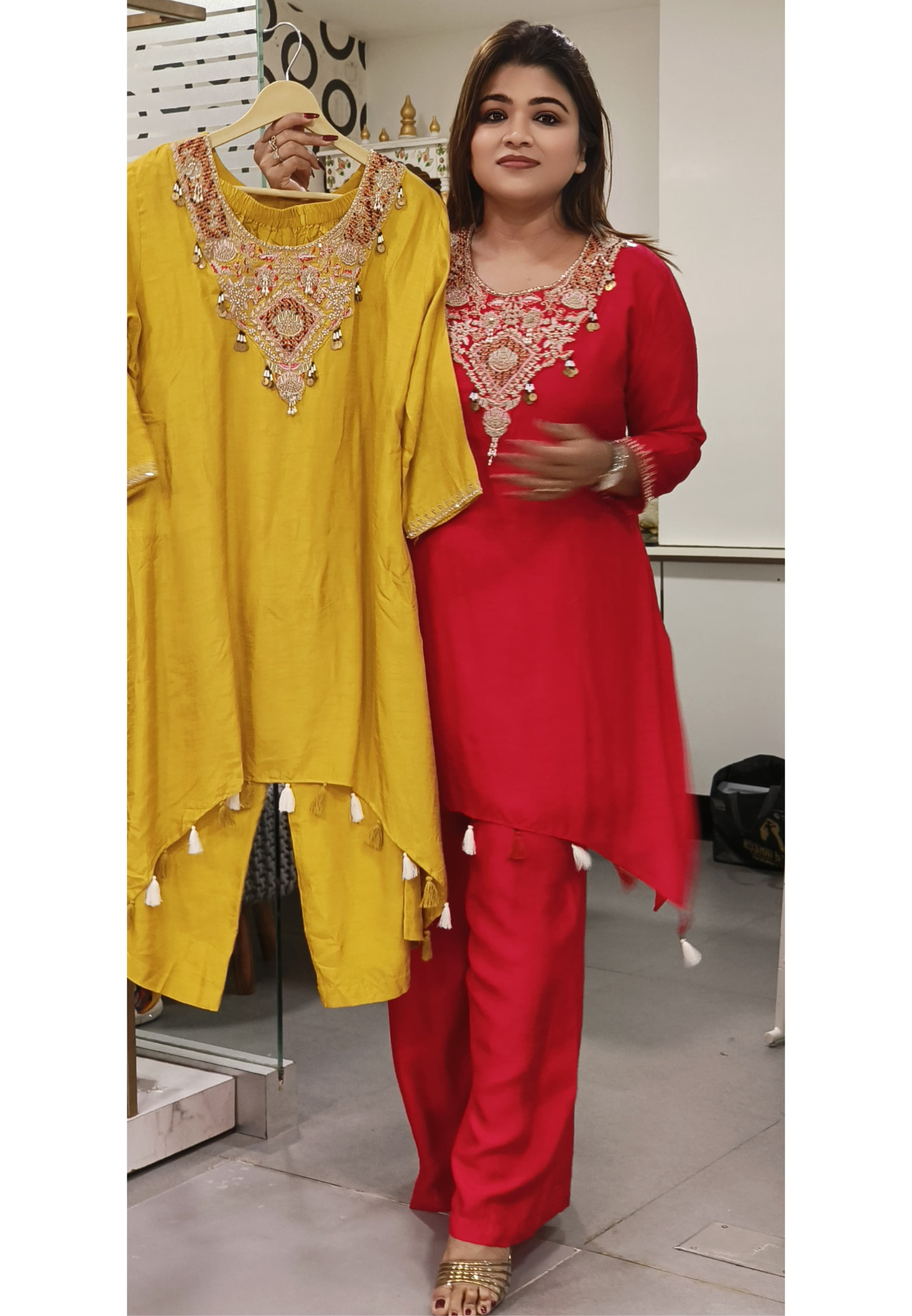 Embroidered High Low Silk Kurta With Loose Bottom -07072