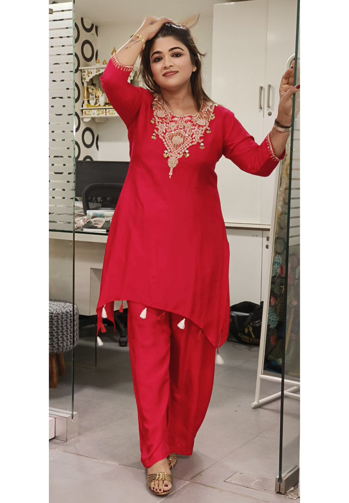 Embroidered High Low Silk Kurta With Loose Bottom -07072