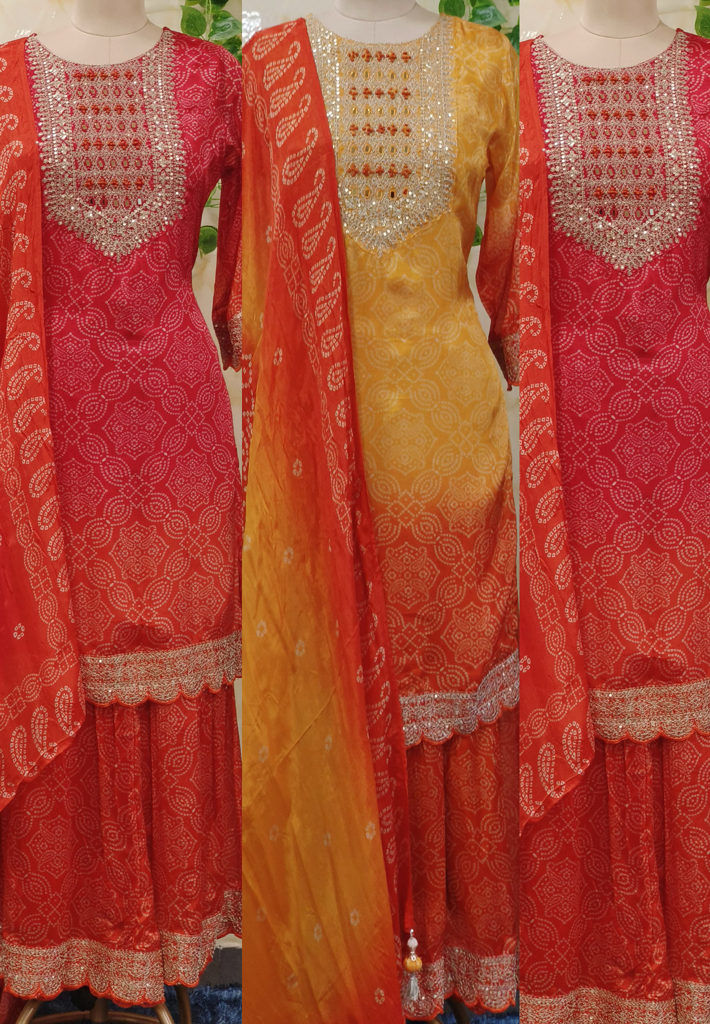 Chinon Bandhani Print Tara Zari Thread Embroidered Full Set-07176