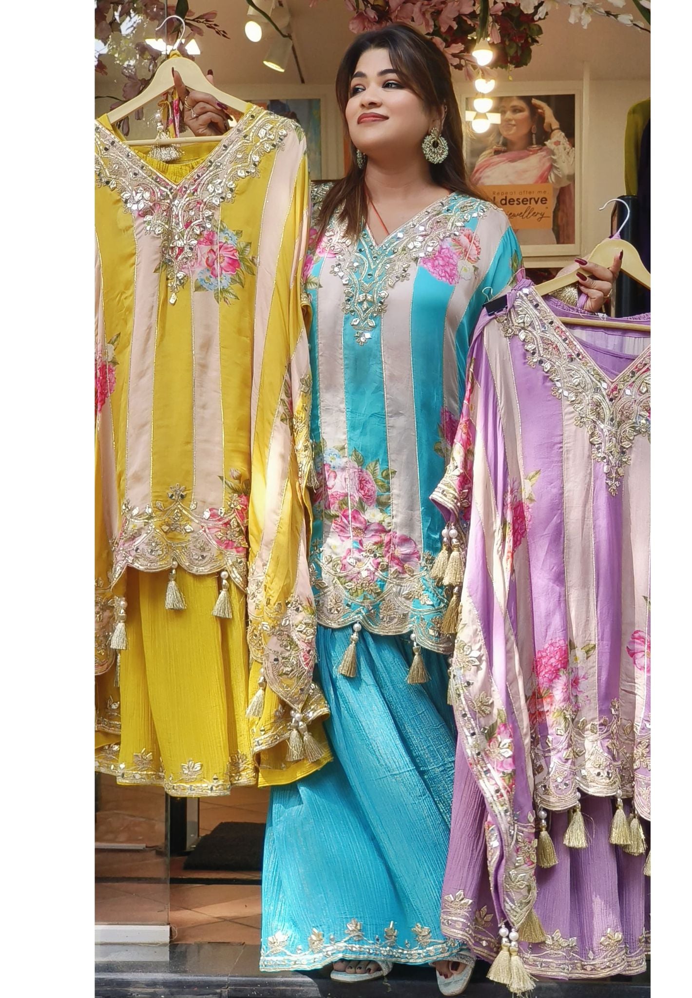 Luxury Floral Satin Fabric Kaftan Set with sharara - Purple & Blush Pink with Gold Embellishments and Tassels | Traditional 2-Piece Ensemble with Embroidery -DRY WASH