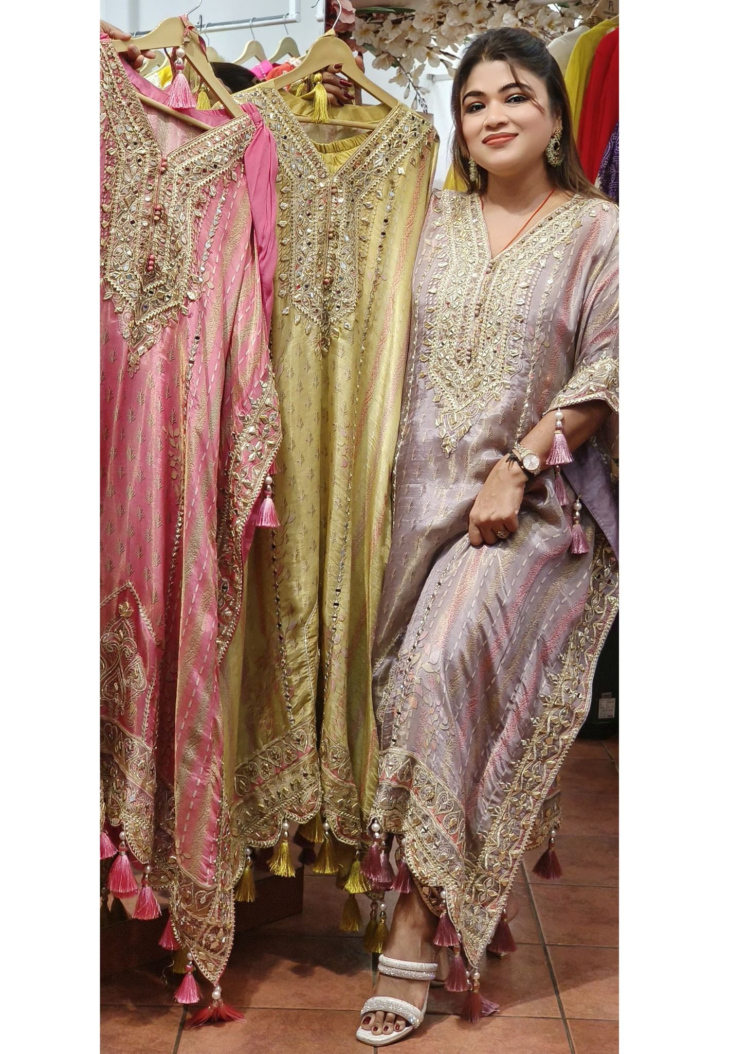 Shimmer Tissue Embellished Kaftan withTulip pants Tassels - Traditional Middle Eastern Crystal Embroidered Evening Dress-With Potali Bag DRYWASH