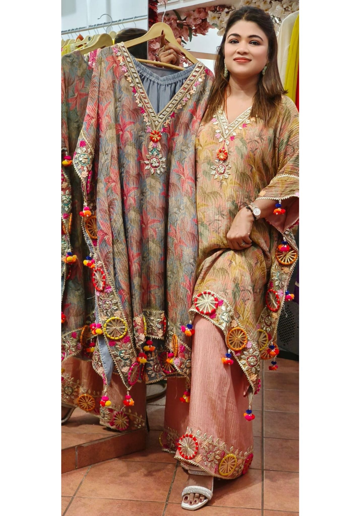 Shimmer Crush Tissue Kaftan knee length with palazo Crystal Embellishments - Sage Palm Print - Hand-Beaded V-Neck Cover-Up with Pompom Trim-DRY WASH