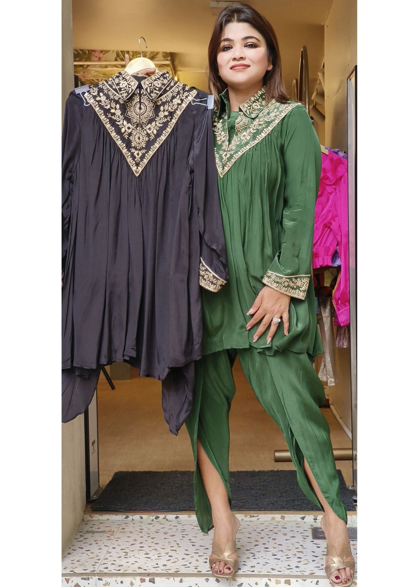 Designer Collar Beautiful Neck Embroidery Tulip Pant Co-Ord set-07581