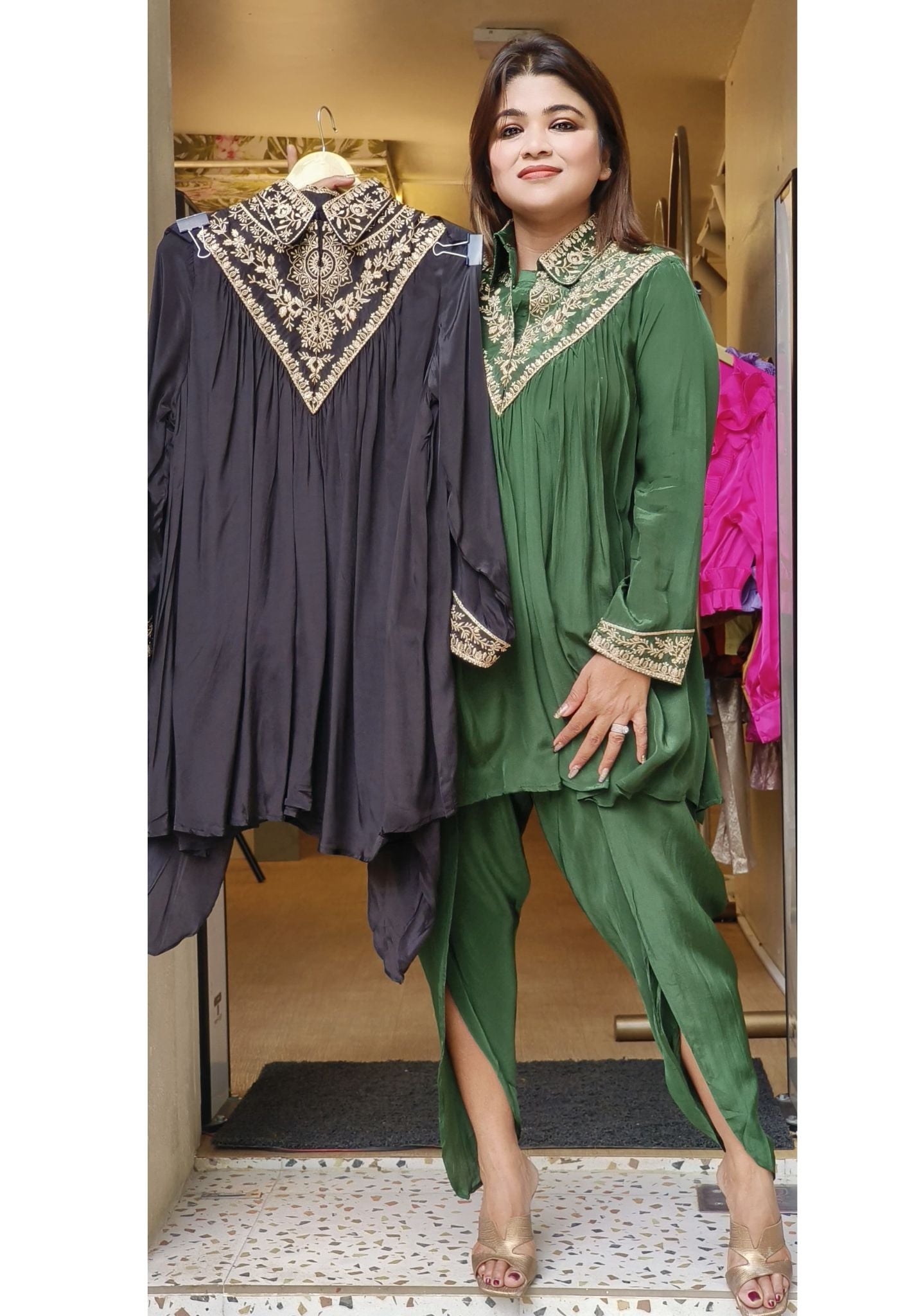 Designer Collar Beautiful Neck Embroidery Tulip Pant Co-Ord Set In Crepe Fabric- 07581