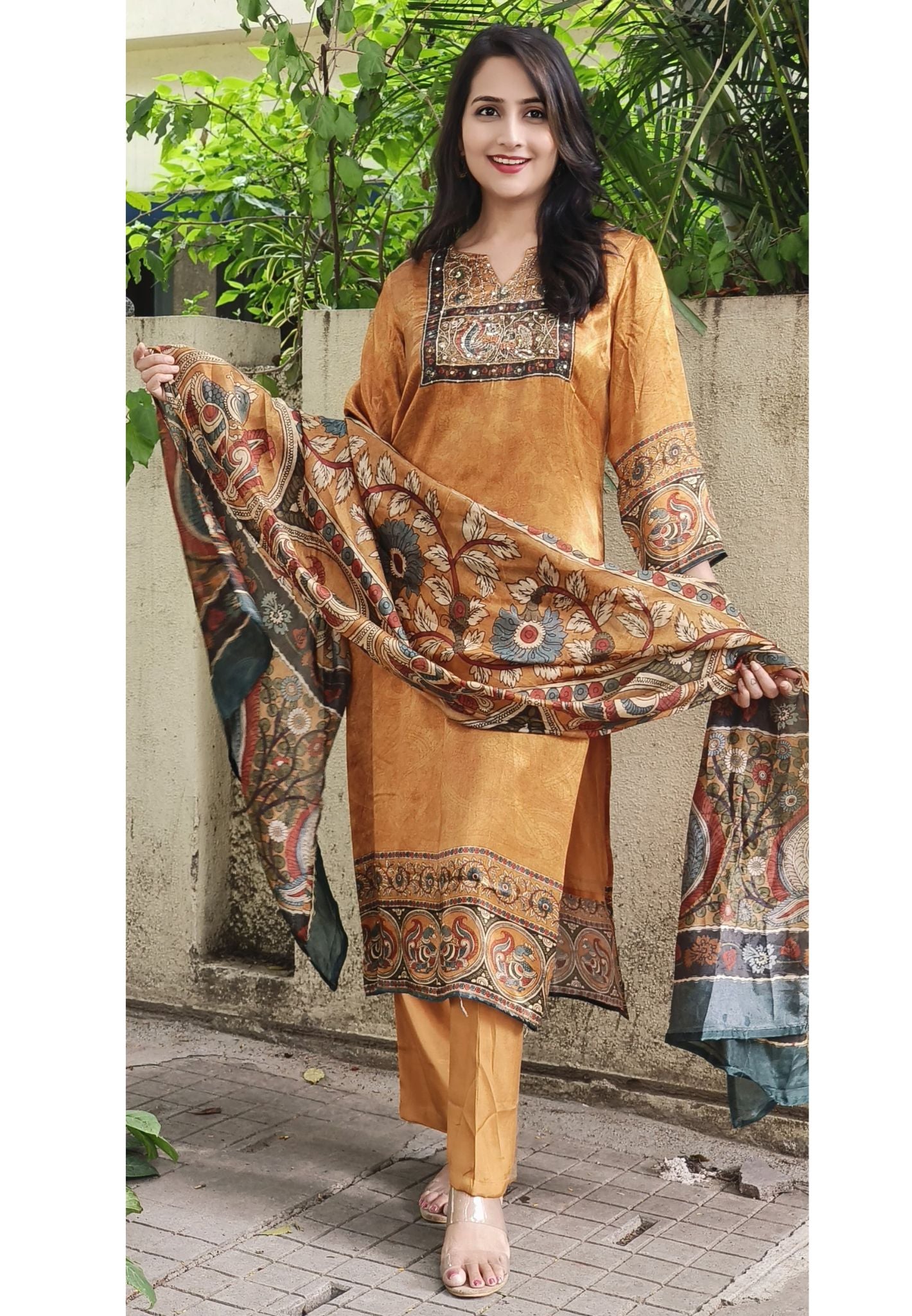 Printed Gajji Silk Neck Embroidery Kurta And Pant With Kalamkari Printed Dupatta-07690