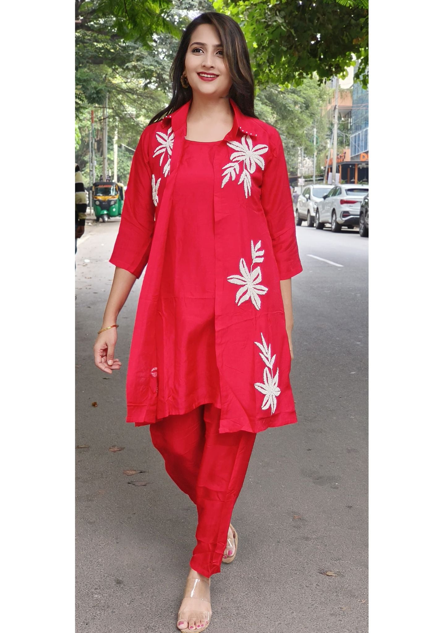Stylish Pearl Hand Embroidered Silk Three Piece Jacket Inner And Pant Set