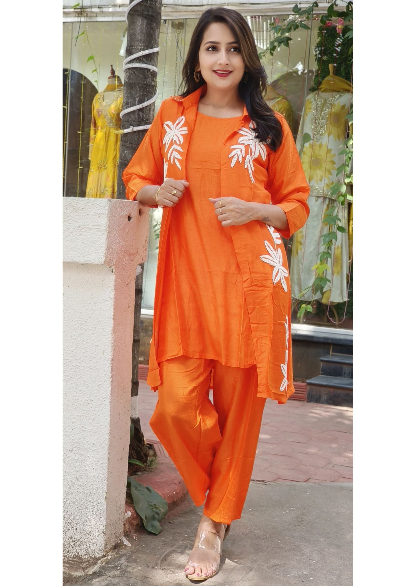 Stylish Pearl Hand Embroidered Silk Three Piece Jacket Inner And Pant Set