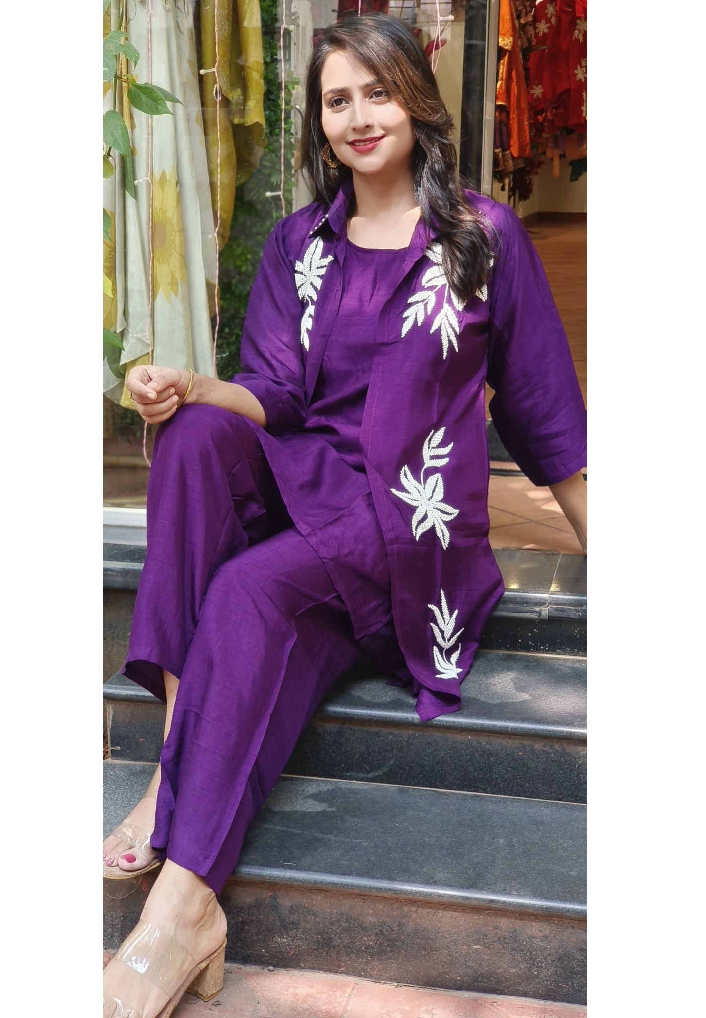 Stylish Pearl Hand Embroidered Silk Three Piece Jacket Inner And Pant Set