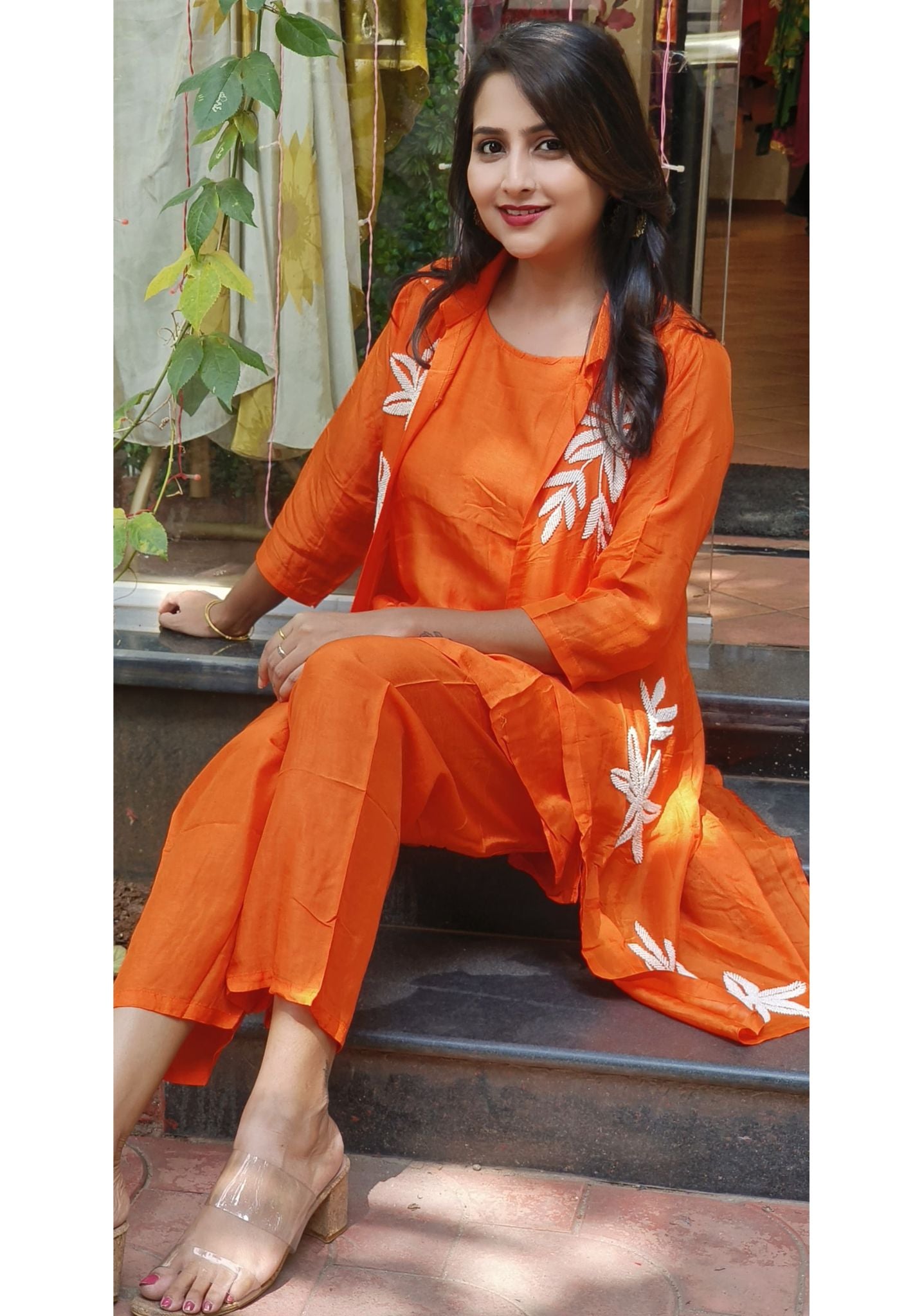 Stylish Pearl Hand Embroidered Silk Three Piece Jacket Inner And Pant Set