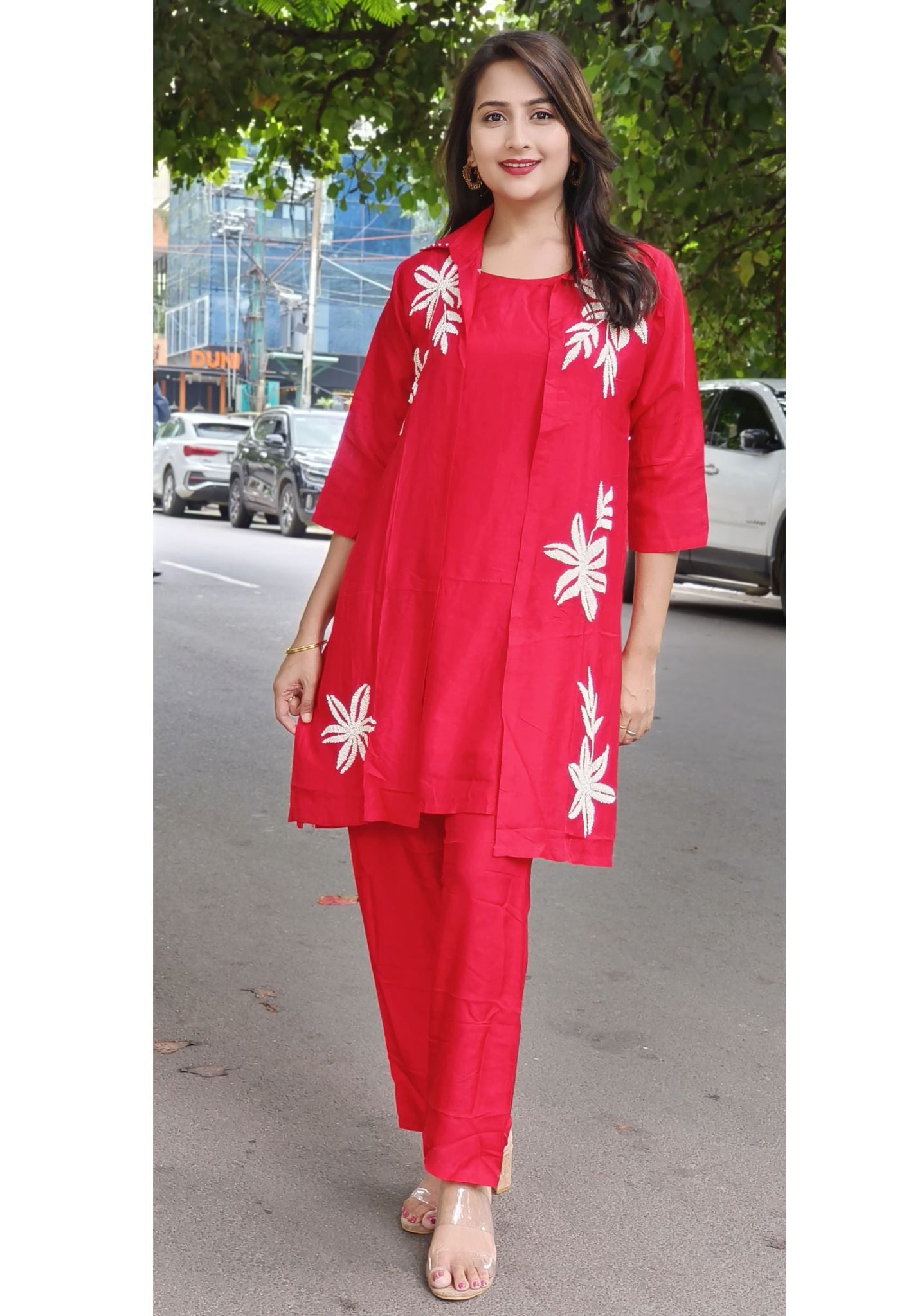 Stylish Pearl Hand Embroidered Silk Three Piece Jacket Inner And Pant Set