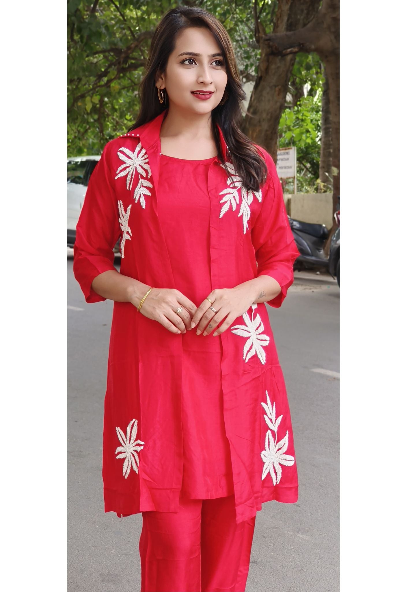 Stylish Pearl Hand Embroidered Silk Three Piece Jacket Inner And Pant Set