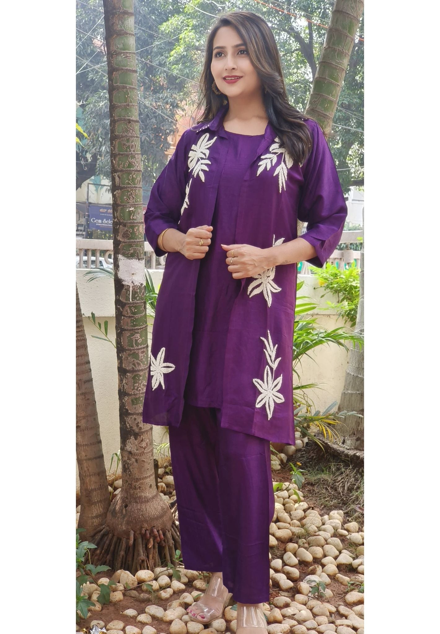 Stylish Pearl Hand Embroidered Silk Three Piece Jacket Inner And Pant Set