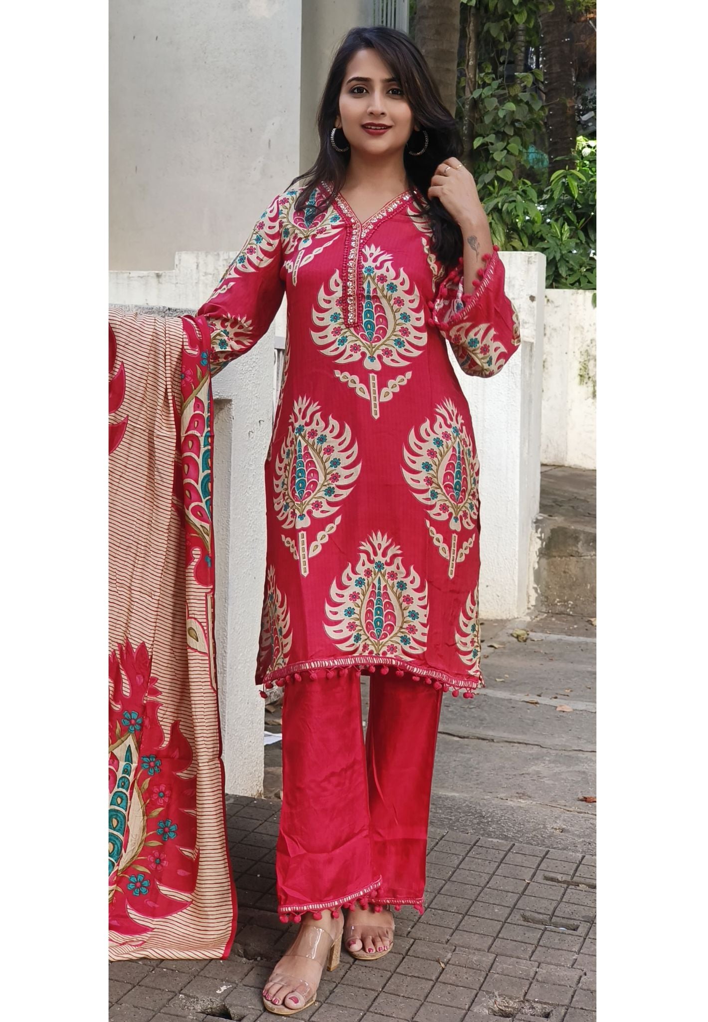 Beautiful Muslin Floral Print with pompom lace Full Set-07703