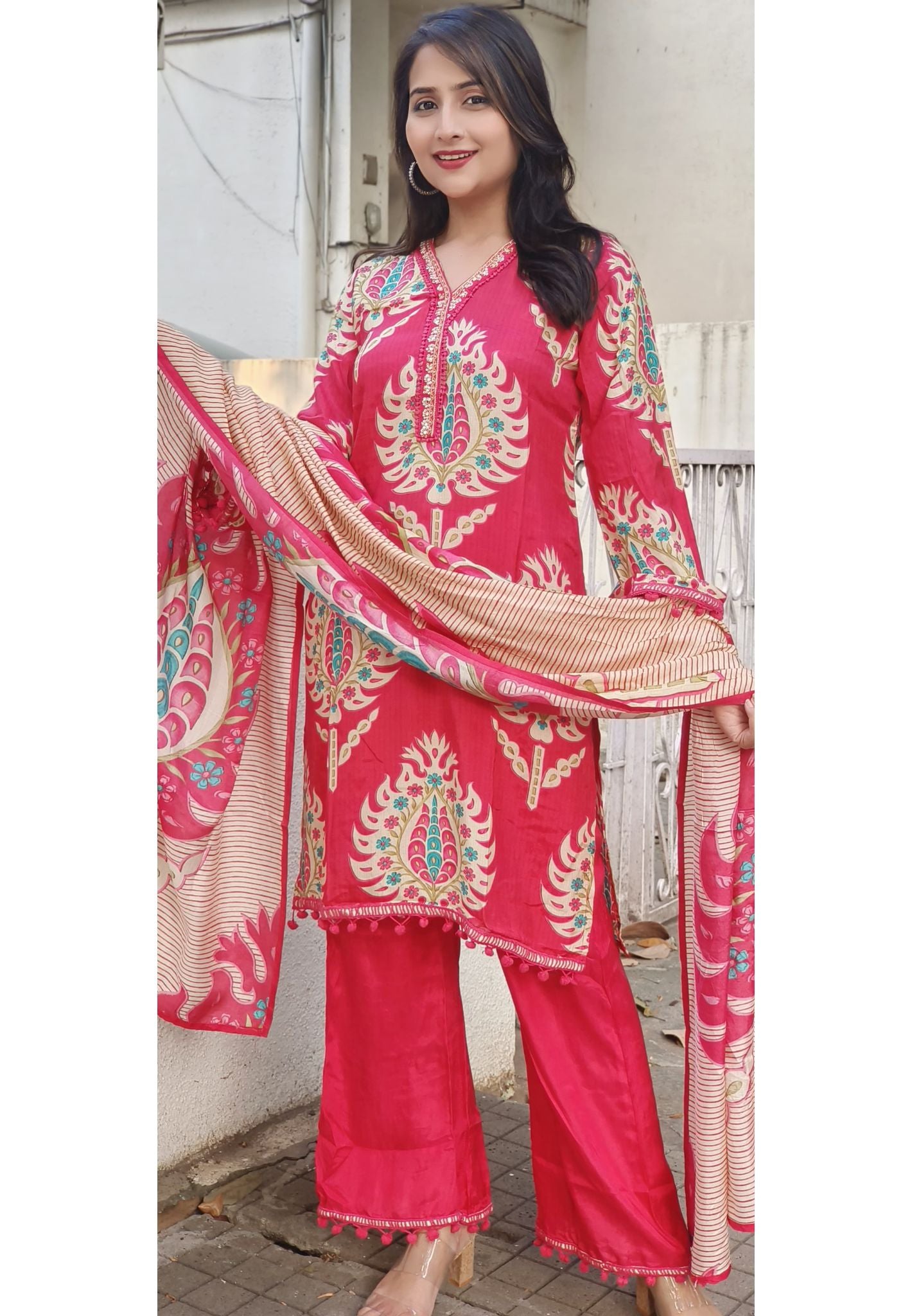 Beautiful Muslin Floral Print with pompom lace Full Set-07703
