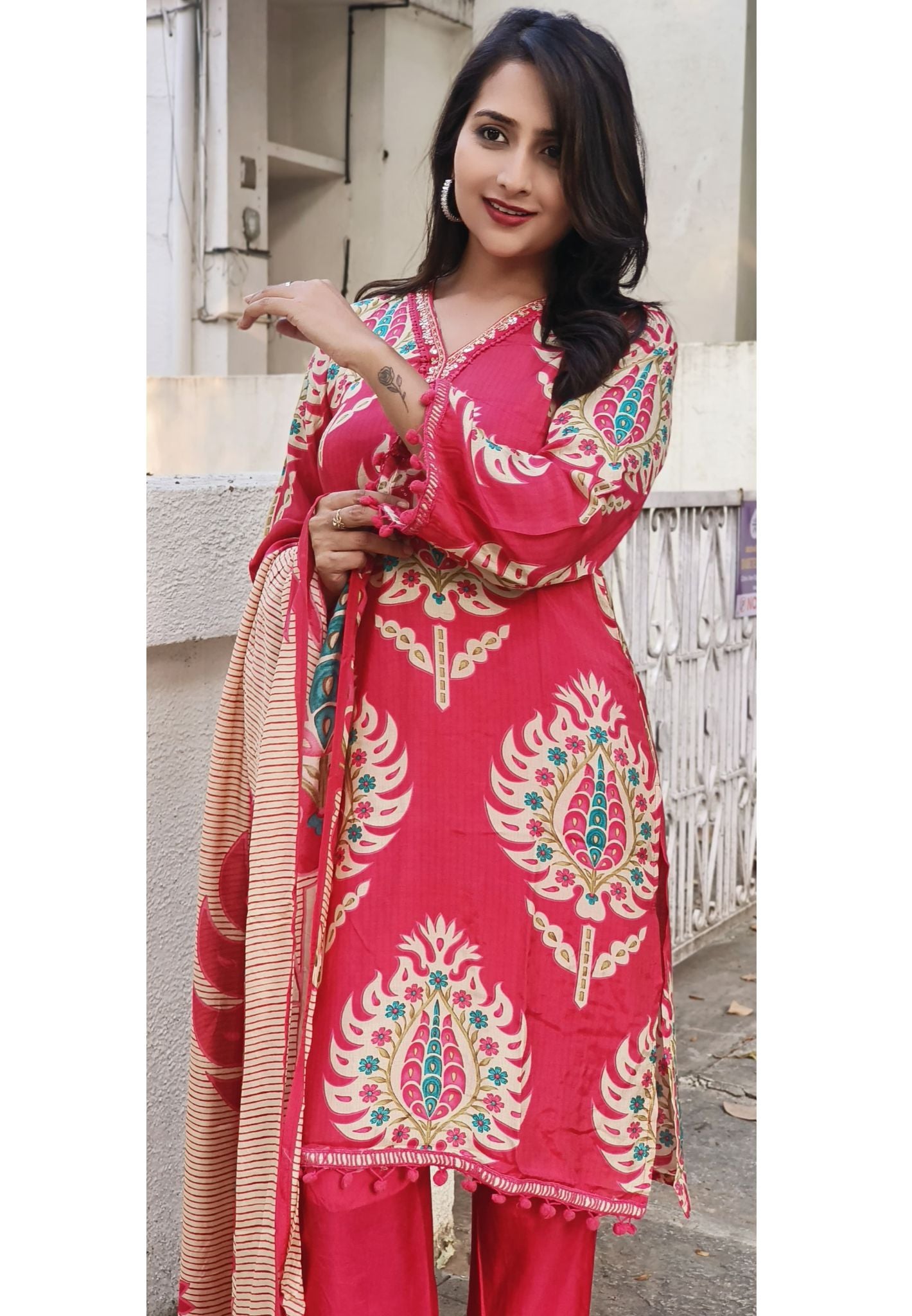 Beautiful Muslin Floral Print with pompom lace Full Set-07703