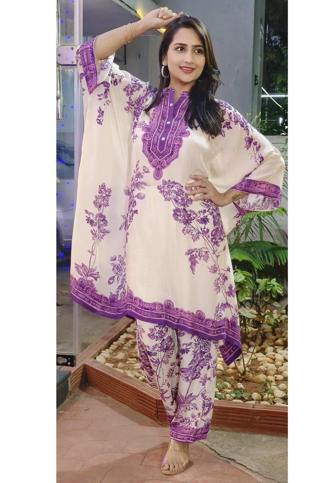 Beautiful Crepe Floral Printed Kaftan with Side Stich and Printed Bottoms-07739-40
