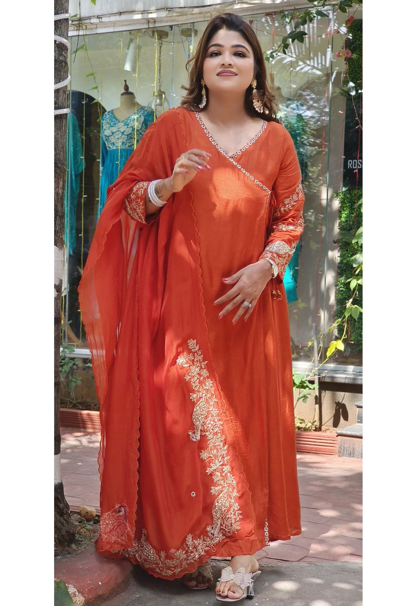 Designer Silk Angrakha Pattern Zardosi Work Anarkali With Pants And Zardosi organza Dupatta-07742-43
