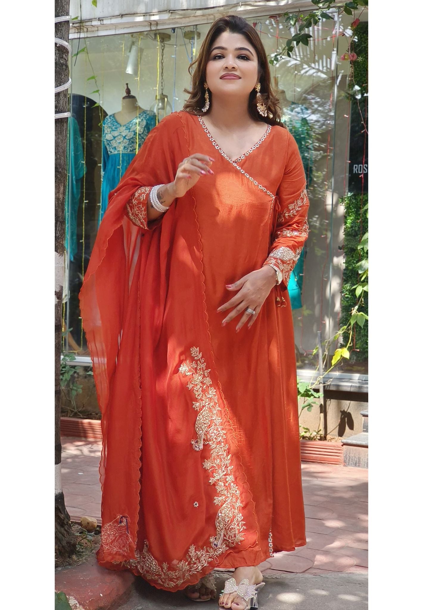 Designer Silk Angrakha Pattern Zardosi Work Anarkali With Pants And Zardosi organza Dupatta-07742-43