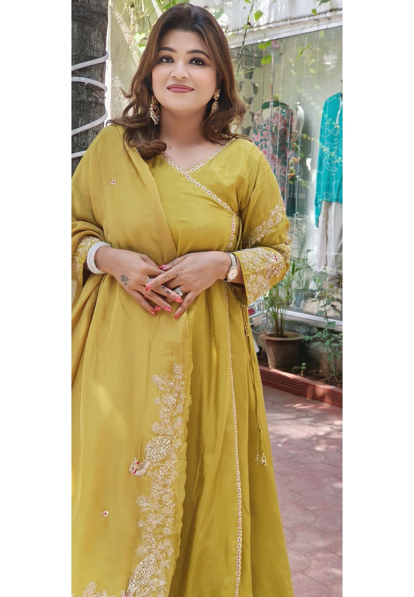 Designer Silk Angrakha Pattern Zardosi Work Anarkali With Pants And Zardosi organza Dupatta-07742-43