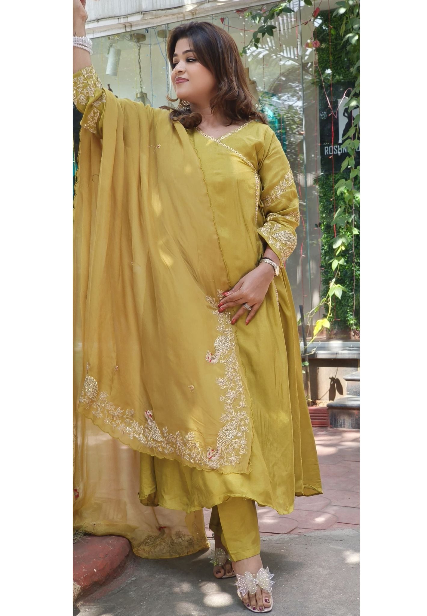 Designer Silk Angrakha Pattern Zardosi Work Anarkali With Pants And Zardosi organza Dupatta-07742-43