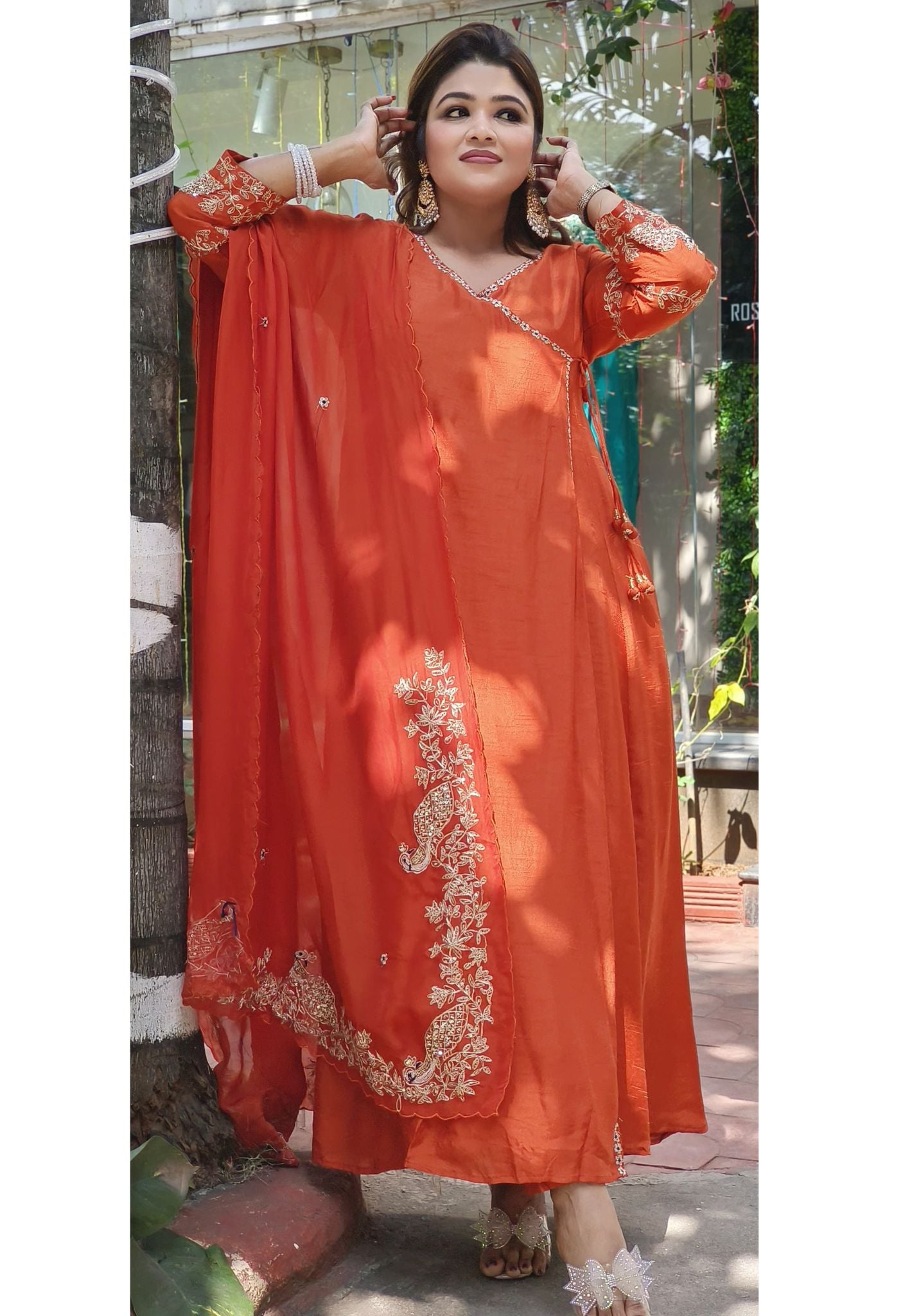 Designer Silk Angrakha Pattern Zardosi Work Anarkali With Pants And Zardosi organza Dupatta-07742-43