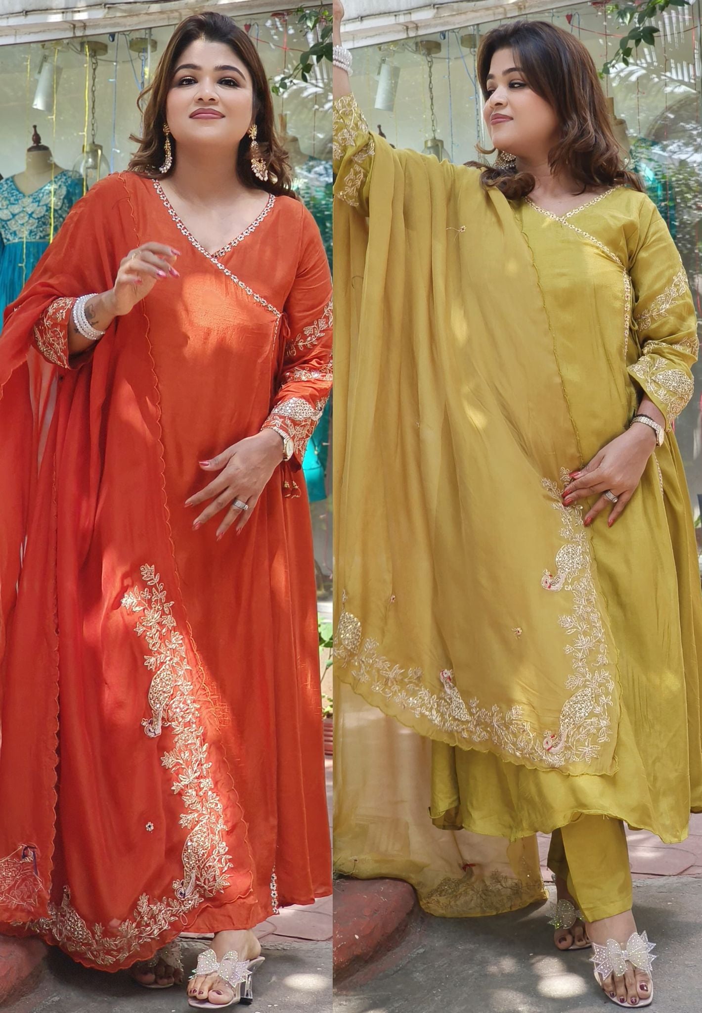 Designer Silk Angrakha Pattern Zardosi Work Anarkali With Pants And Zardosi organza Dupatta-07742-43