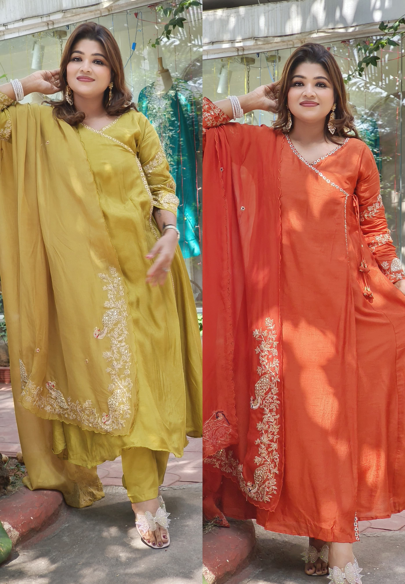 Designer Silk Angrakha Pattern Zardosi Work Anarkali With Pants And Zardosi organza Dupatta-07742-43