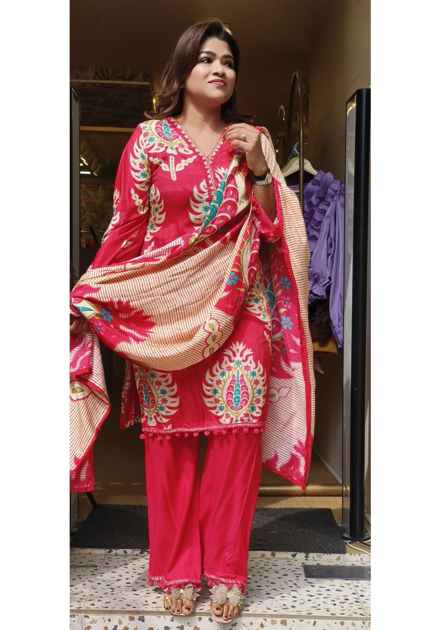 Beautiful Muslin Floral Print with pompom lace Full Set-07703