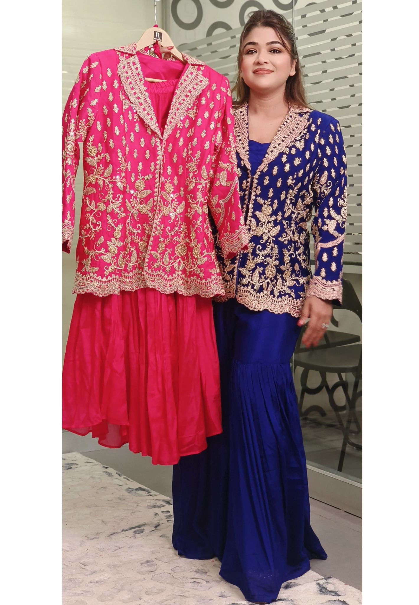 Luxurious Embroidered Silk Sharara Set with Intricate Zari Work and Designer Jacket – Elegant Party Wear Outfit in Vibrant Colors DRY WASH-