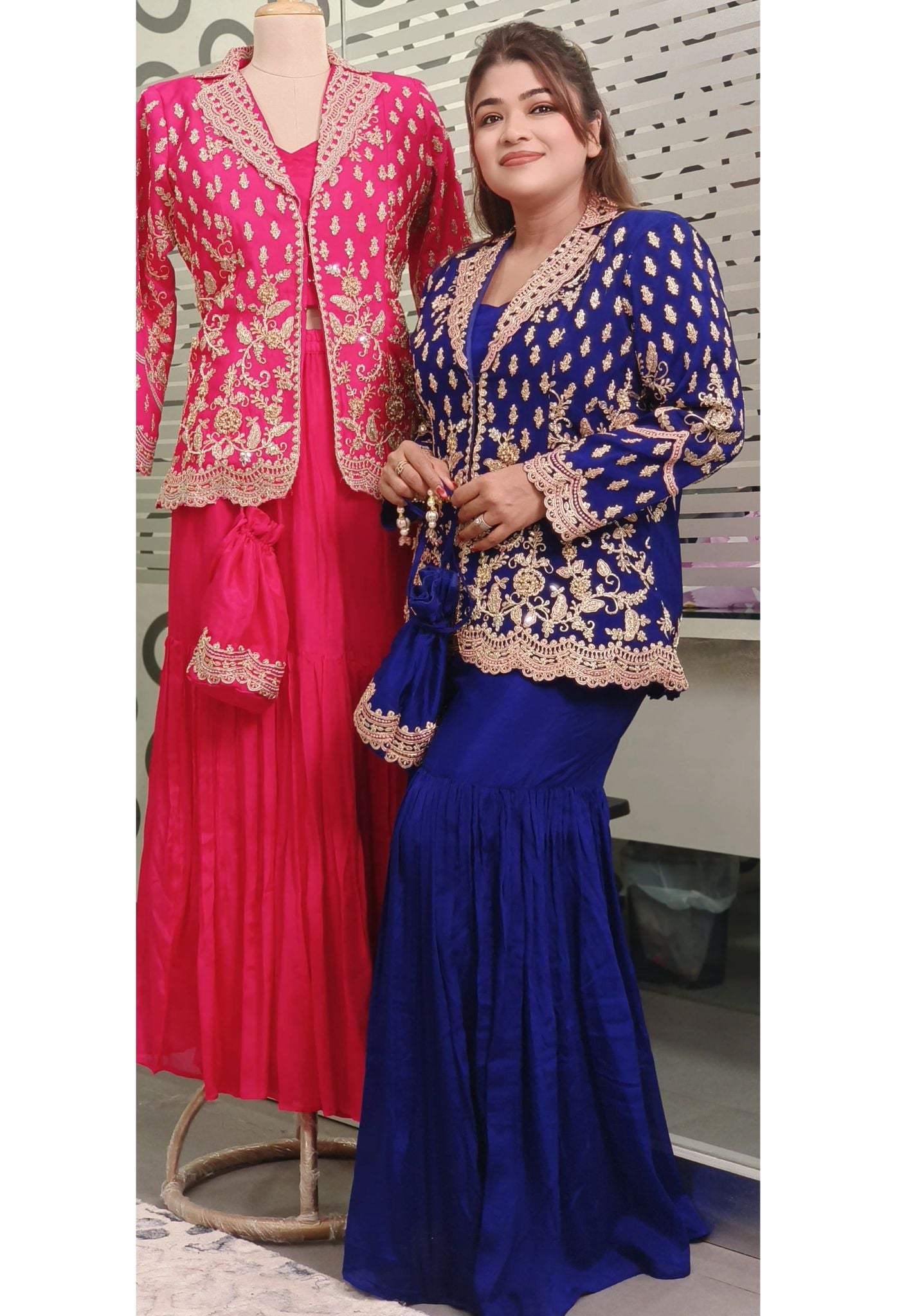 Luxurious Embroidered Silk Sharara Set with Intricate Zari Work and Designer Jacket – Elegant Party Wear Outfit in Vibrant Colors DRY WASH-