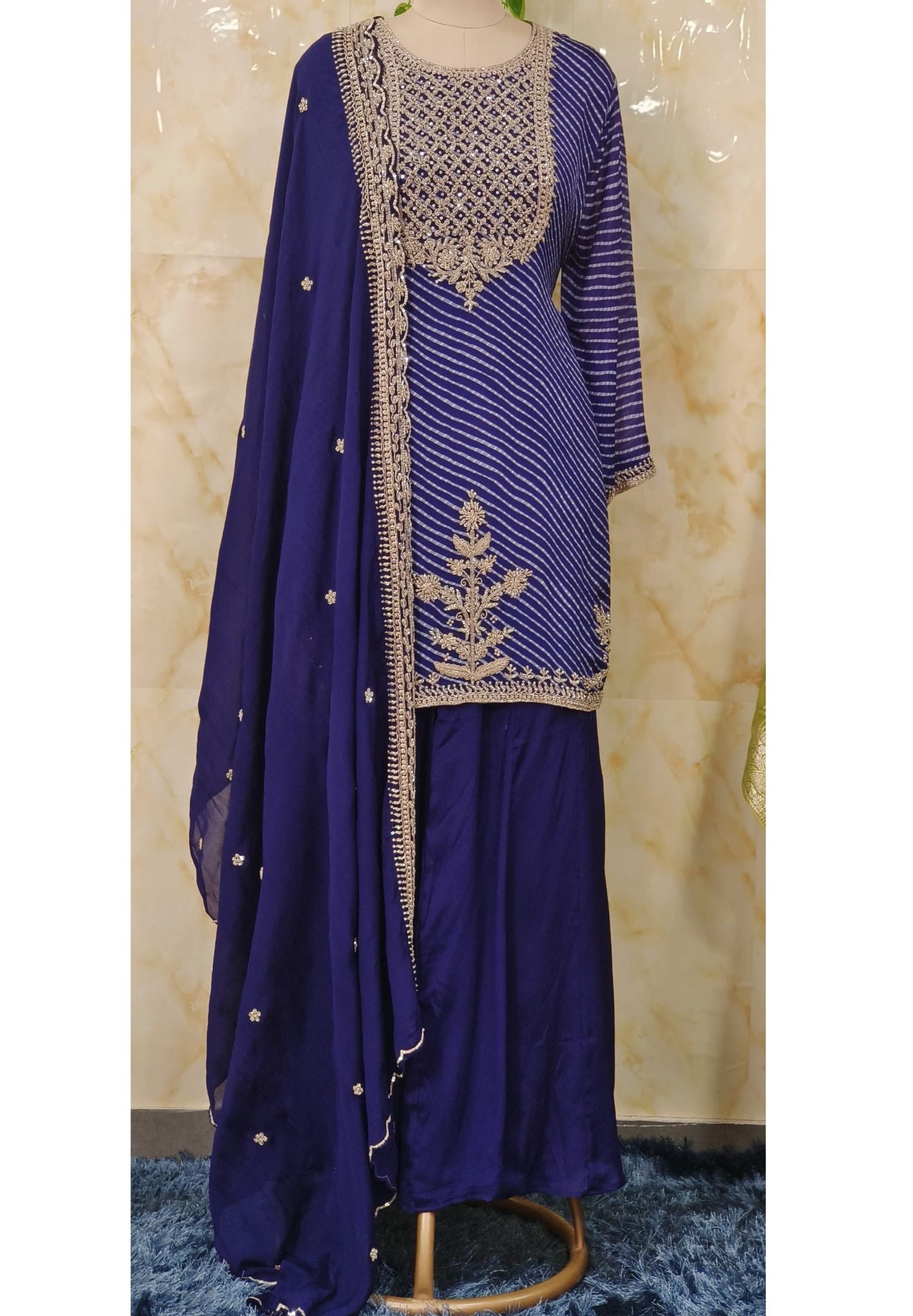 Elegant Chinon Lehariya Kurta with Cutdana Embroidery, Sharara, and Dupatta – A Perfect Blend of Tradition and Glamour for Festive OccasionsFull Set DRY WASH-